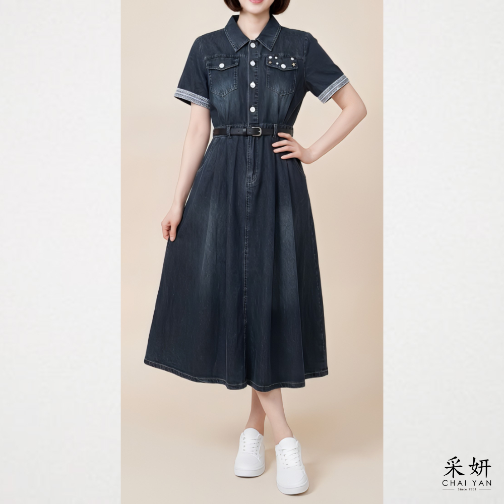 貝殼鈕釦蕾絲袖牛仔洋裝