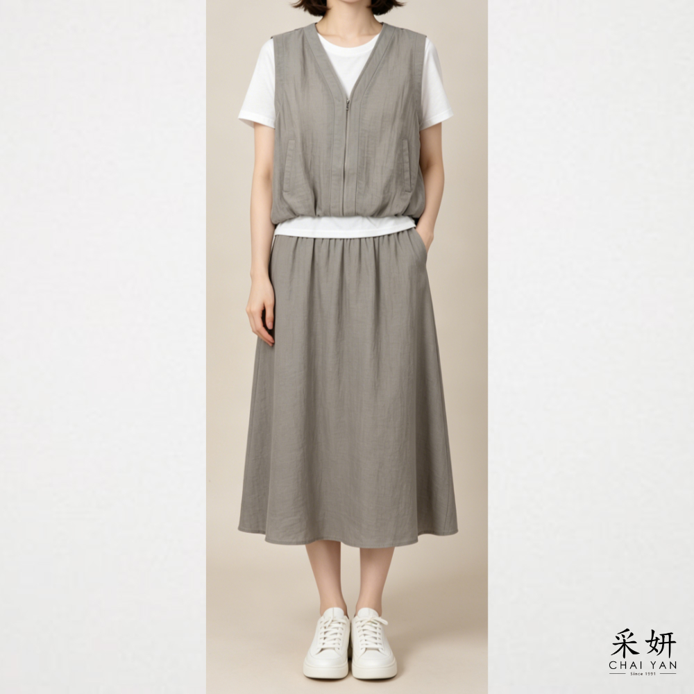二件式 素面假兩件棉麻中長裙套裝