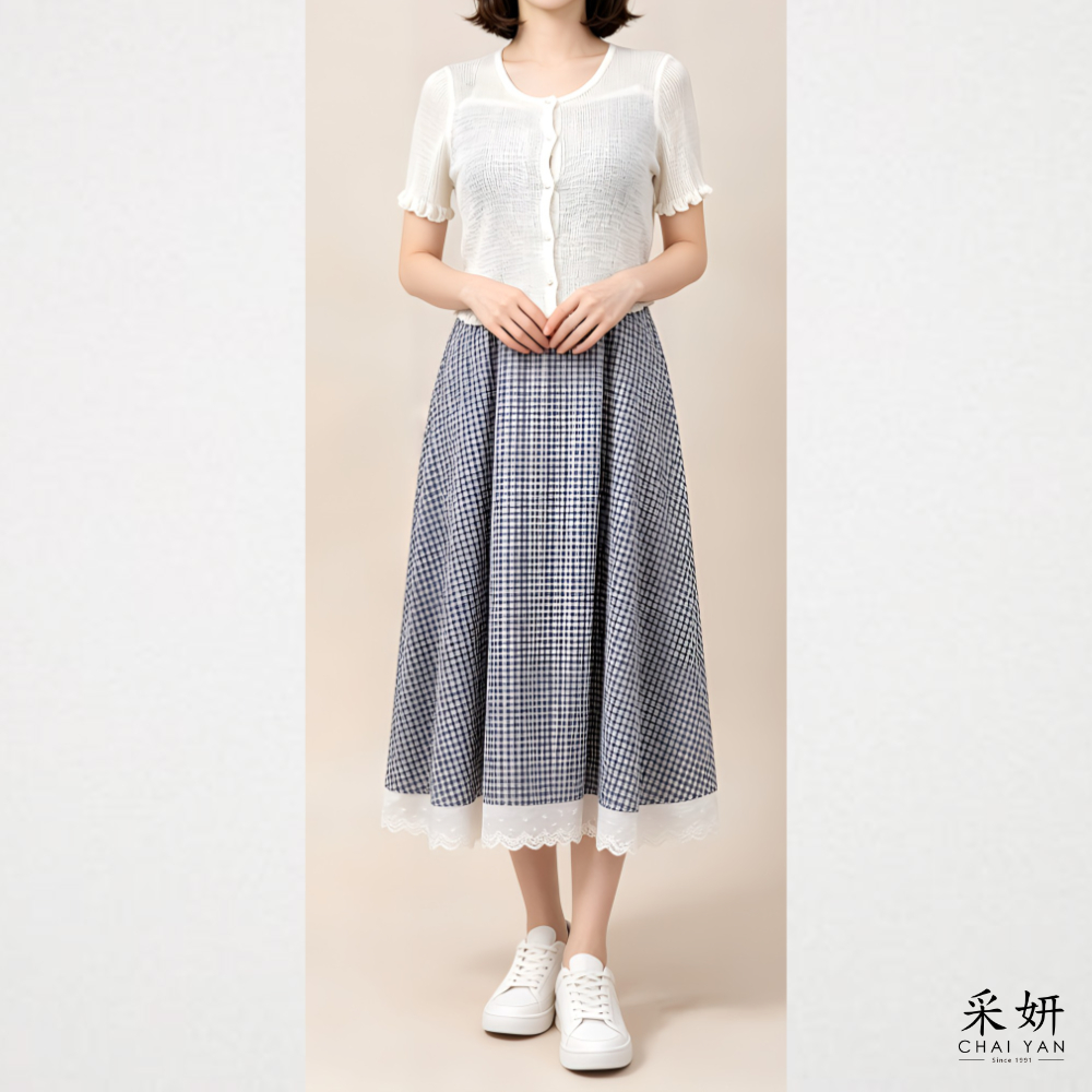 二件式 針織細肩帶格子洋裝套裝