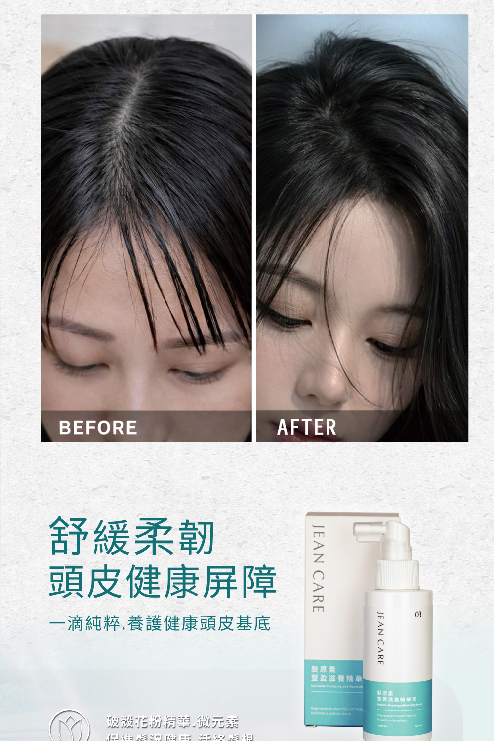 Jean care 髮原素精華液，改善髮根油膩扁塌，使用前後蓬鬆對比圖