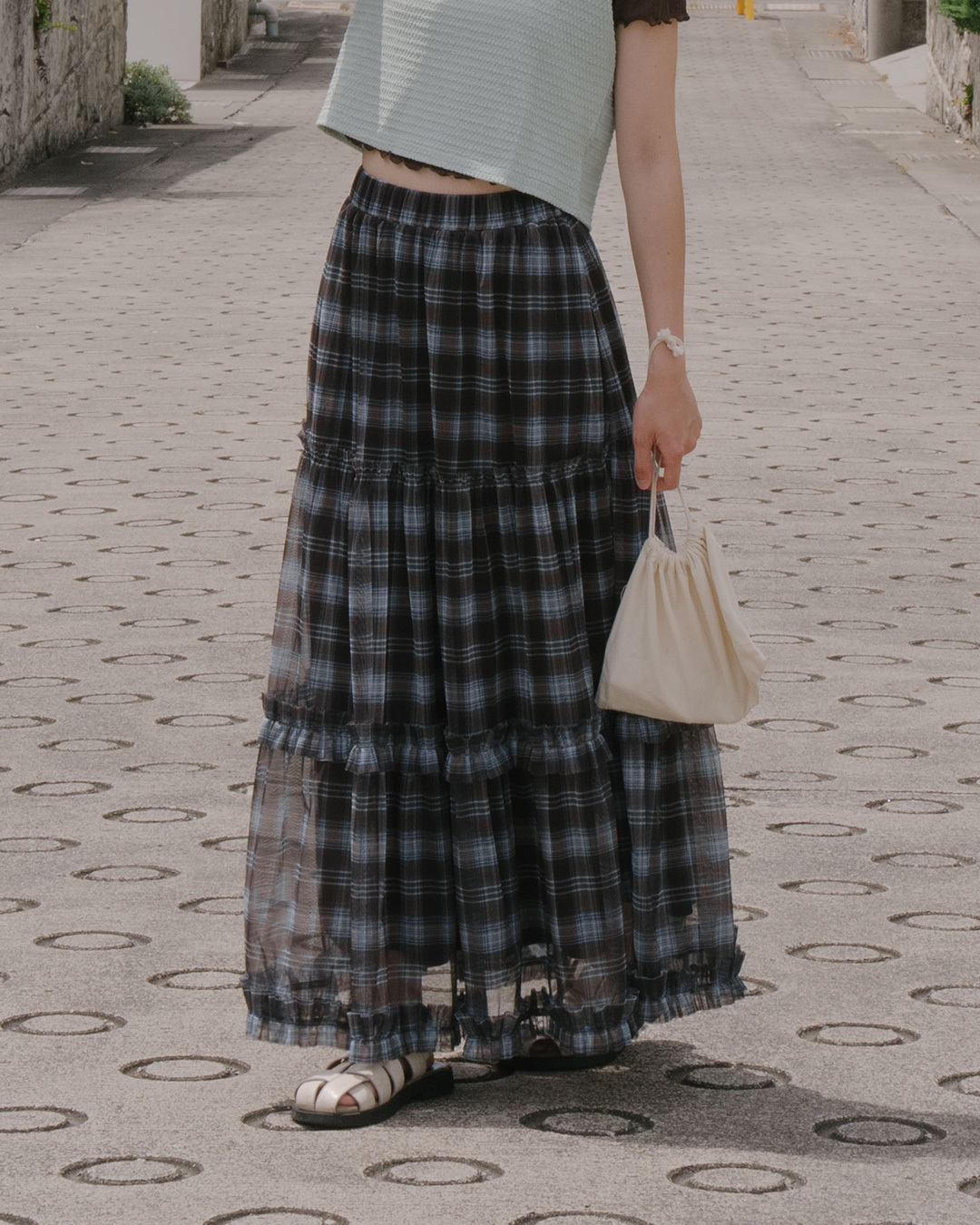 Color-blocked plaid ruffled tulle maxi skirt, available in three colors【03021776】in stock+pre-order
