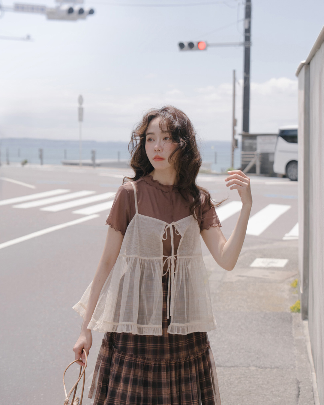 Ruffled trim, center-stitched, sheer stand-up collar top, available in seven colors, sizes S/M.【01099606】in stock+pre-order