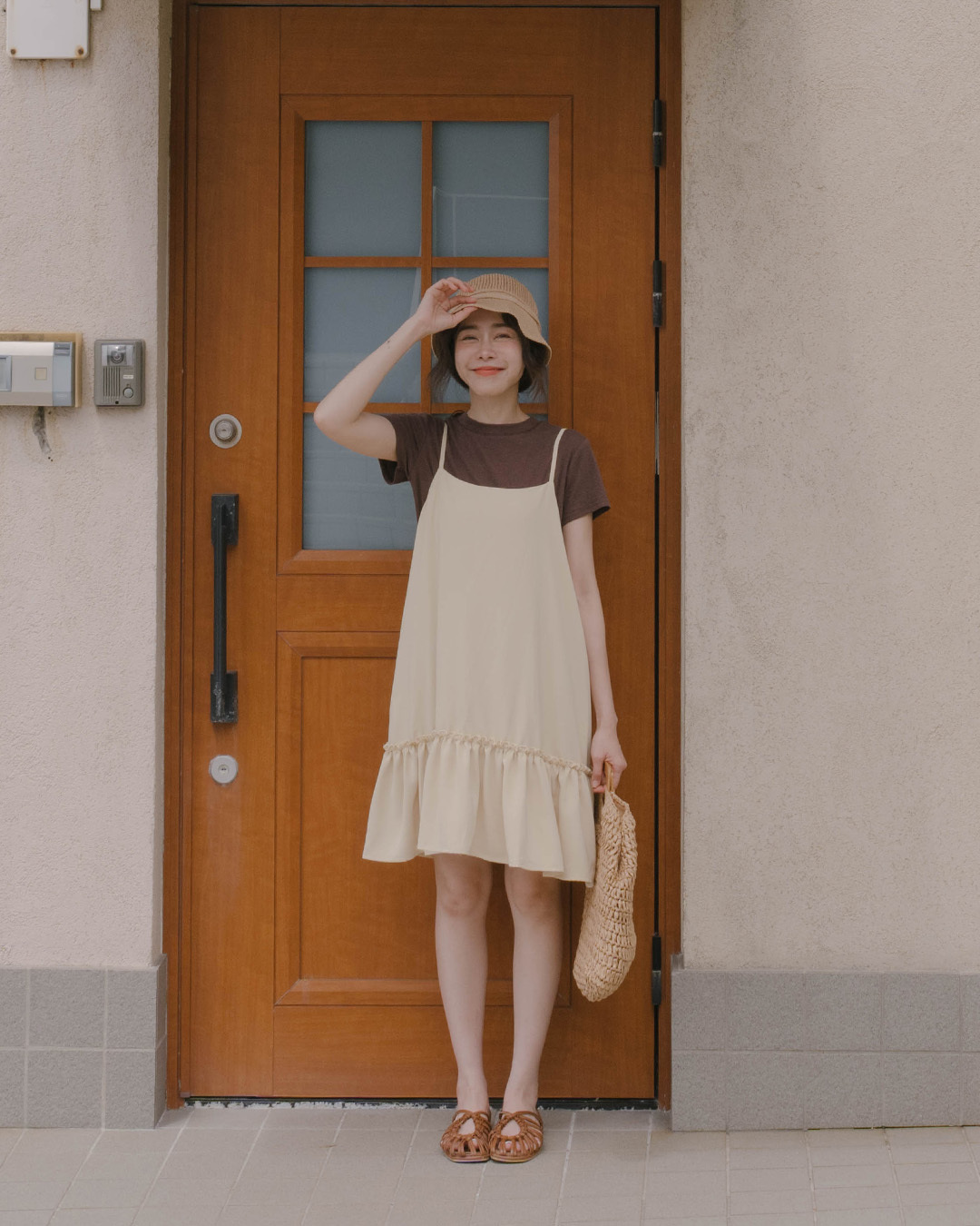 Plain ribbon-tied spaghetti strap short dress - yellow【01087308】in stock+pre-order