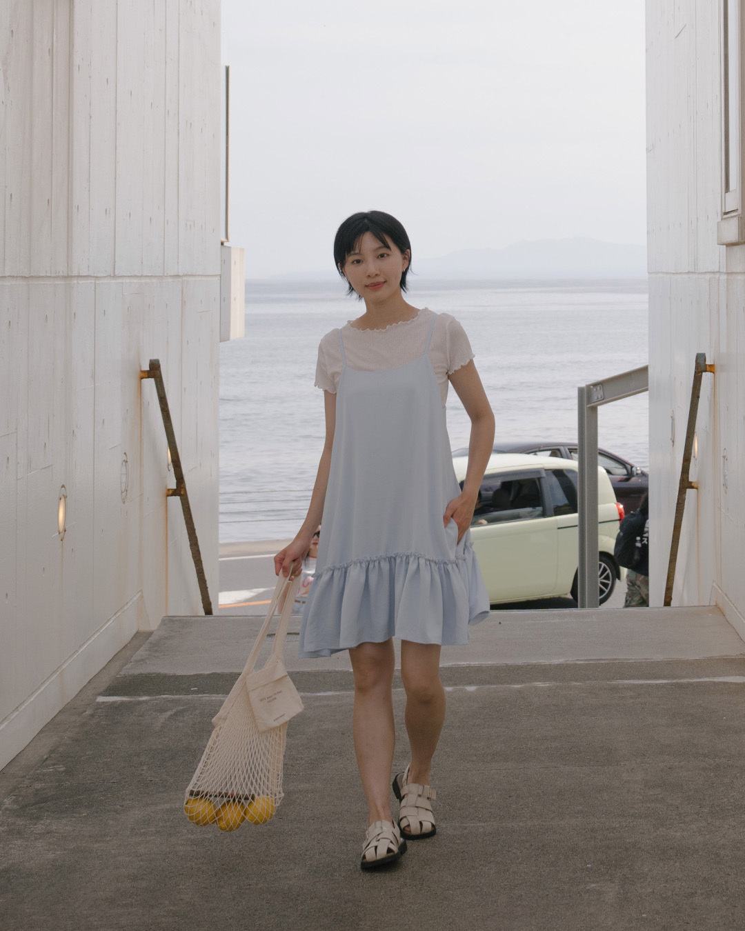 Plain tie-up spaghetti strap short dress - blue【01087307】in stock+pre-order