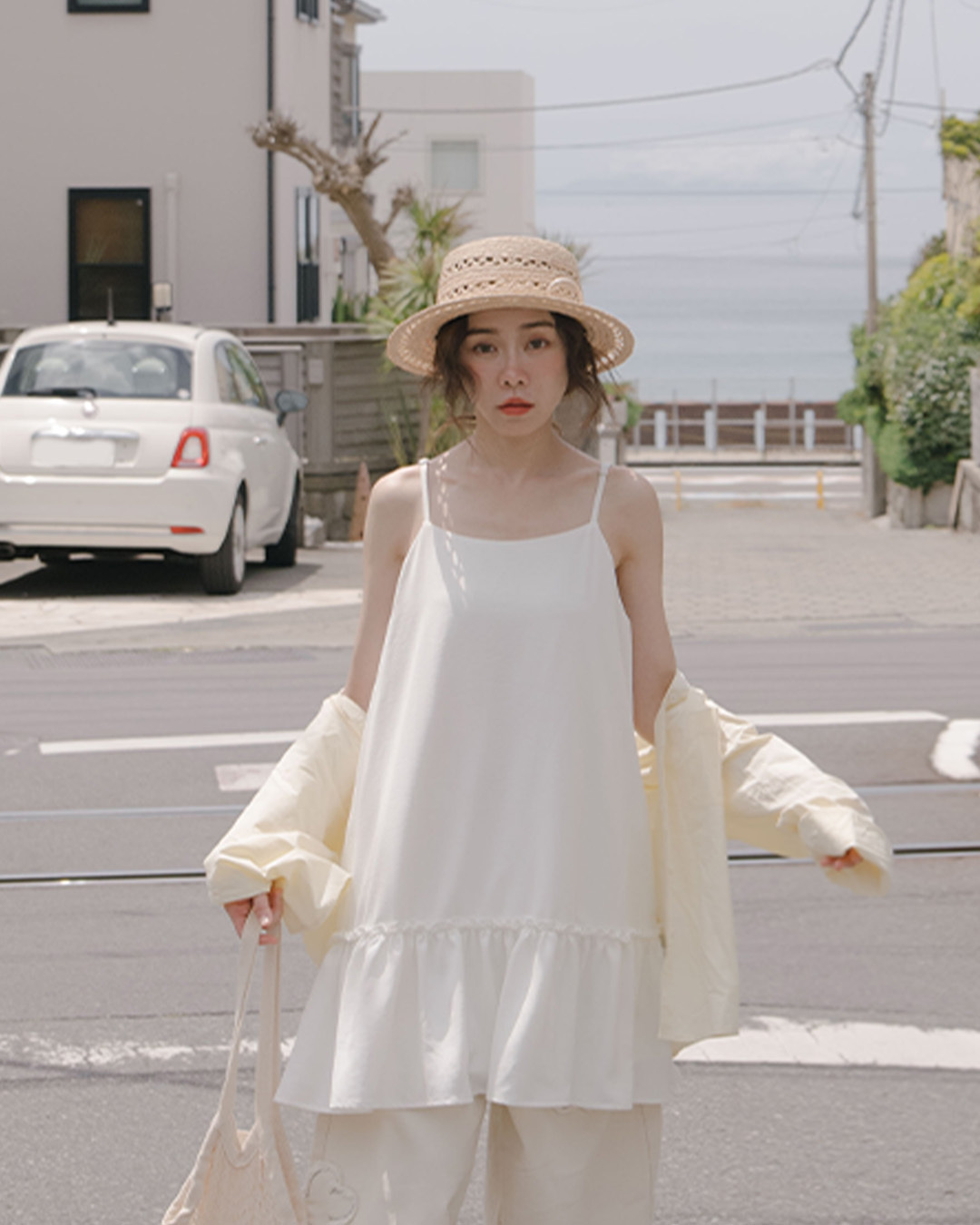 Plain white strapless dress with ruffled shoulder straps【01087306】in stock+pre-order