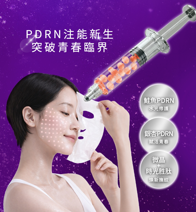 PDRN 注能新生,突破青春臨界。圖中模特兒展示敷上面膜的柔嫩肌膚,搭配上方含有粉色微粒的針筒微晶注入意象。側邊標註抗老防線亮點:鮭魚 PDRN(水光修護)、銀杏 PDRN(賦活青春)、微晶 + 時光勝肽(煥新撫紋)。