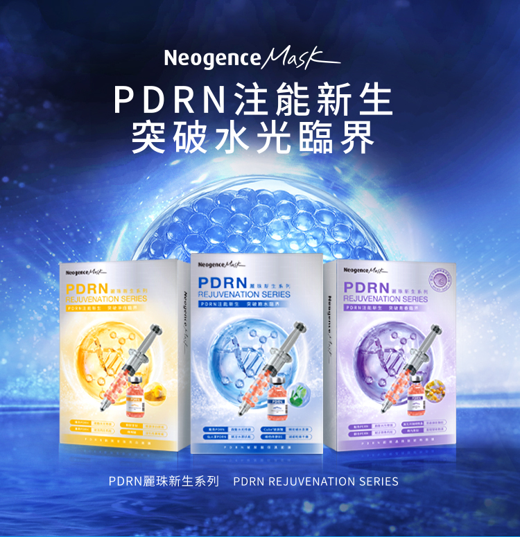 Neogence Mask 霓淨思 PDRN 麗珠新生系列(PDRN REJUVENATION SERIES)全品項大合集。主打標語「PDRN 注能新生,突破水光臨界」。畫面上並排展示全系列三款外盒包裝:黃色亮白款、藍色保濕款、紫色抗老款。
