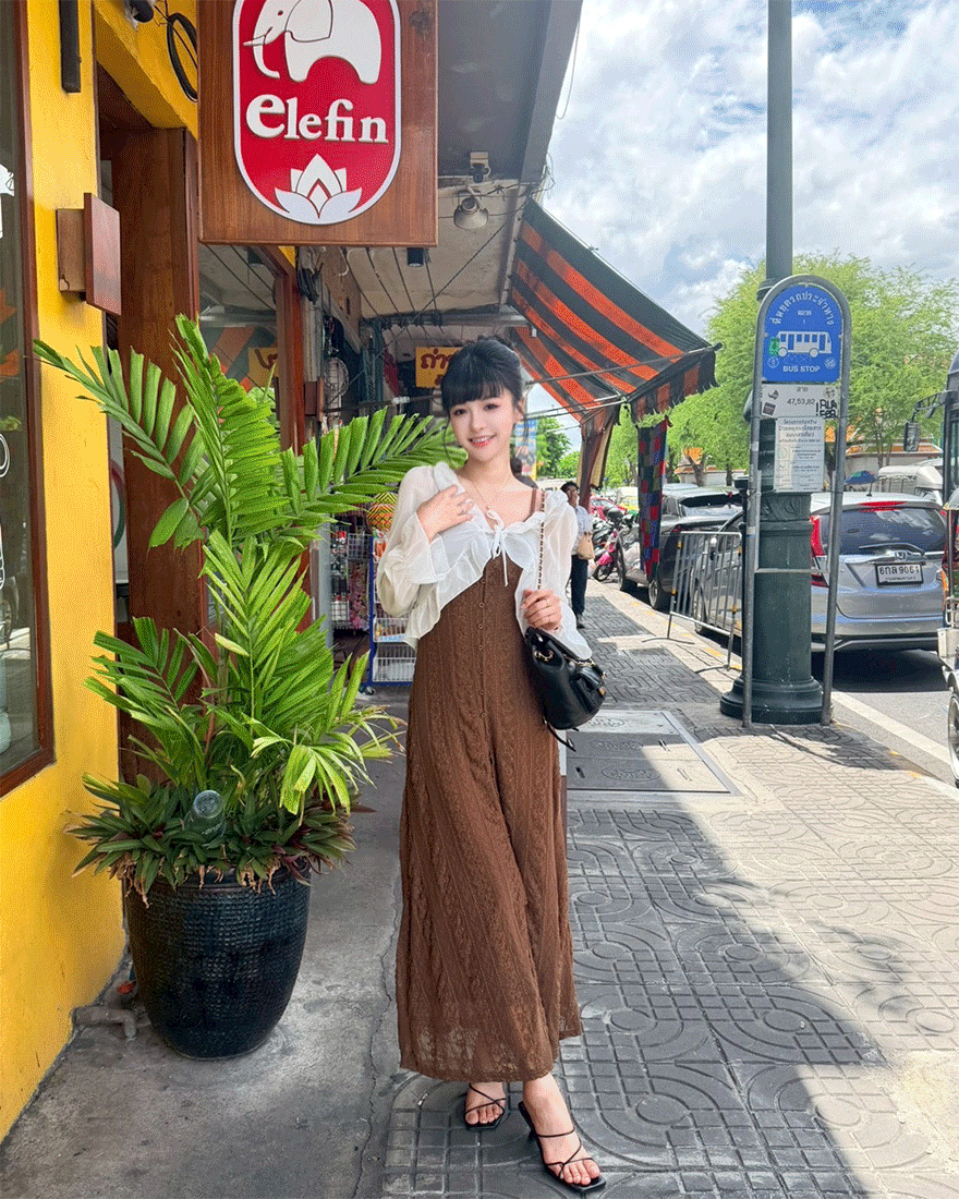 LINA LINA溫柔暮色純色荷葉滾邊綁結罩衫-甜美白