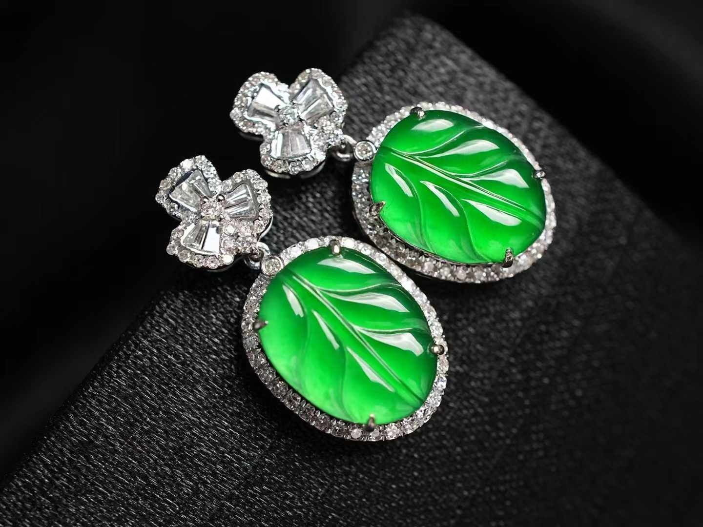 翡翠冰陽綠葉子耳墜,天然翡翠A玉, 緬甸玉, Jade, Jadeite