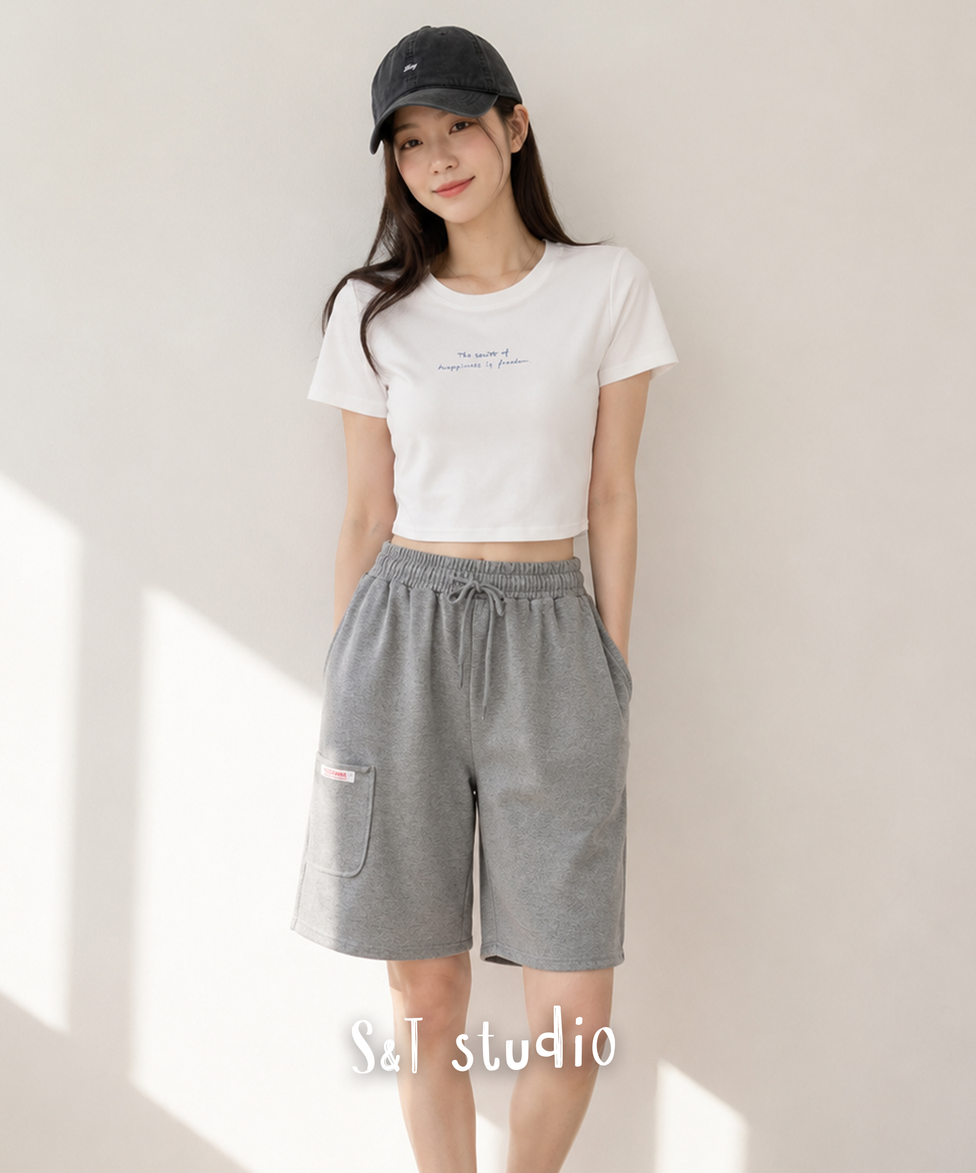 正韓女裝棉質寬鬆大口袋七分褲