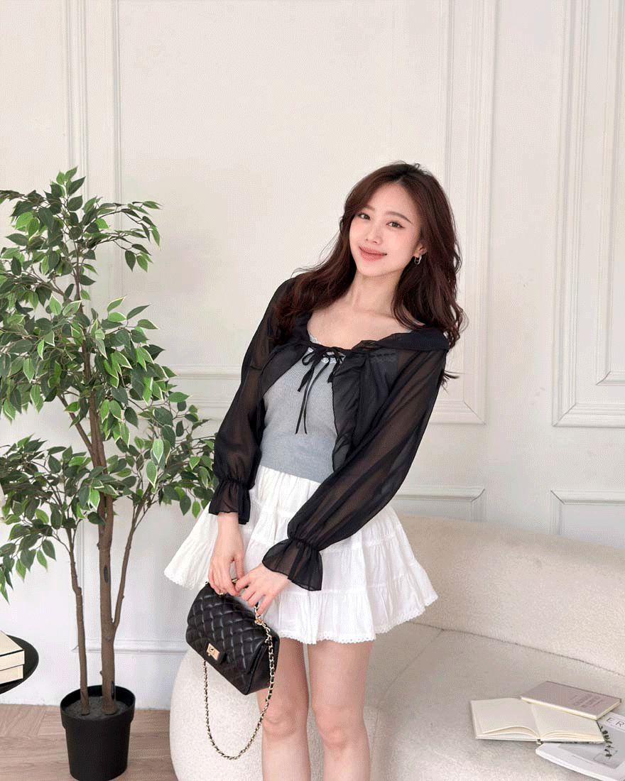 LINA LINA溫柔暮色純色荷葉滾邊綁結罩衫-高貴黑