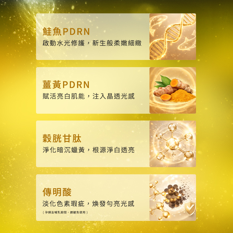 PDRN穀胱甘肽亮白面膜四大美白成分與機制說明: 鮭魚 PDRN:啟動水光修護,新生般柔嫩細緻。 薑黃 PDRN:賦活亮白肌能,注入晶透光感。 穀胱甘肽:淨化暗沉蠟黃,根源淨白透亮。 傳明酸:淡化色素瑕疵,煥發勻亮光感(標註警語:孕婦及哺乳期間,請避免使用)。