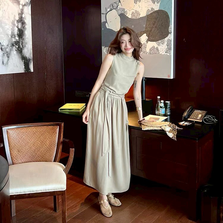 奶茶杏小立領綁帶澎澎裙擺長洋裝-S-XL (Elegant & Love)