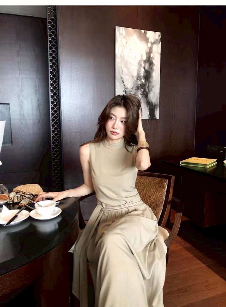 奶茶杏小立領綁帶澎澎裙擺長洋裝-S-XL (Elegant & Love)
