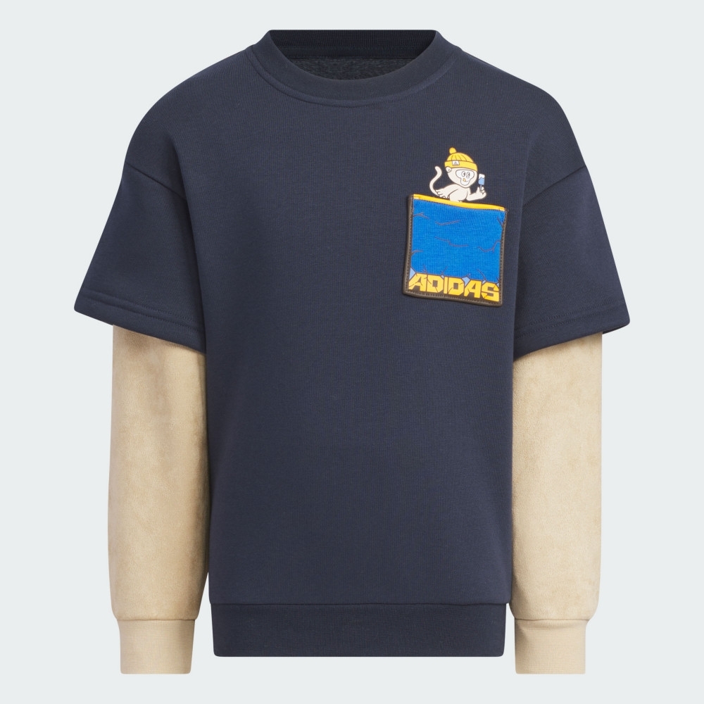 ADIDAS 長袖 LK KN CREW 藍黃 抓絨 上衣 童裝 JJ4956