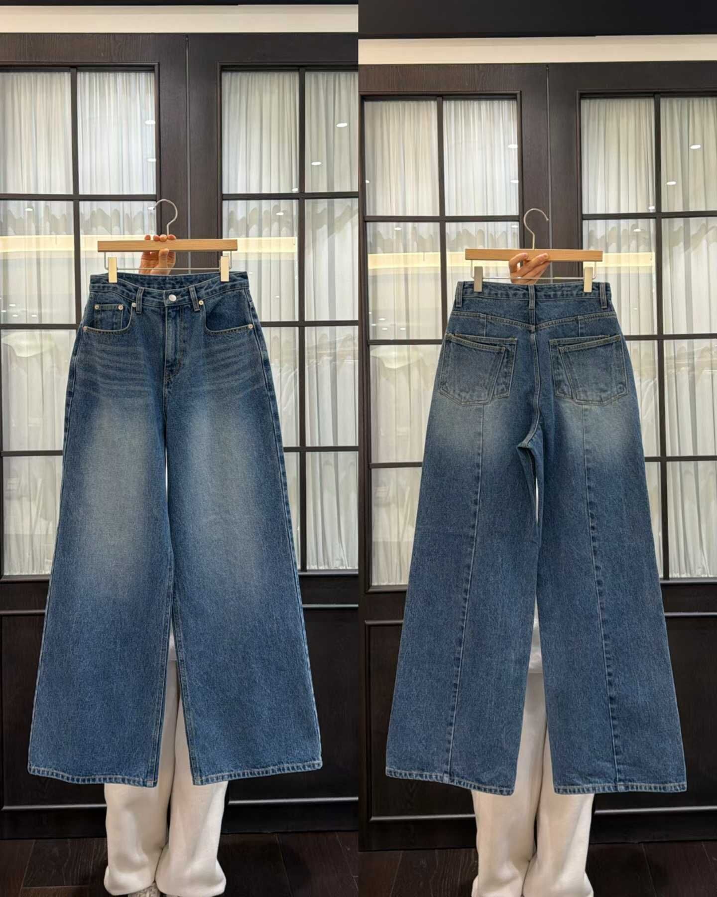 VB6333 高腰直筒貓鬚魚骨綫牛仔褲
