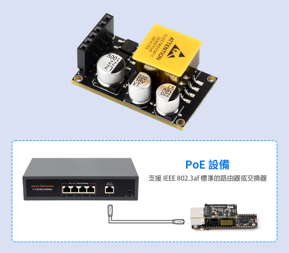 ESP32-S3 乙太網路開發板,支援 PoE 網路供電