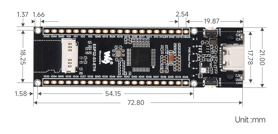 ESP32-S3 乙太網路開發板,尺寸規格