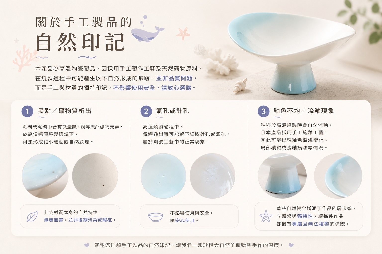 WITHPALS 鯨魚碗《關於手工製品的自然印記》說明圖。圖片以藍白漸層陶瓷鯨魚碗為主視覺,介紹手工高溫陶瓷製程中常見且正常的自然現象,包括黑點與礦物質析出、氣孔或針孔,以及釉色不均與流釉痕跡。圖中說明這些痕跡來自天然礦物原料與高溫燒製工藝,屬於手工製品的獨特印記,並非品質瑕疵,不影響使用安全。每件作品因手工施釉與燒製條件不同,皆擁有獨一無二的色澤與紋理,展現陶瓷工藝的溫度與收藏價值。