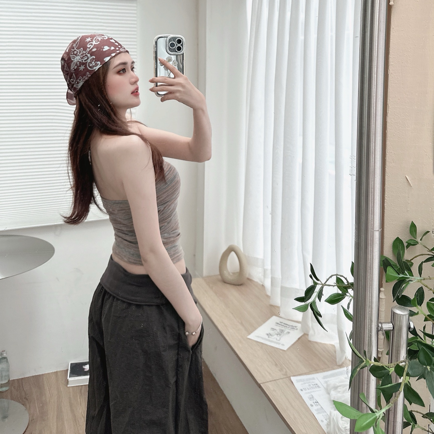 條紋串珠抹胸掛脖背心