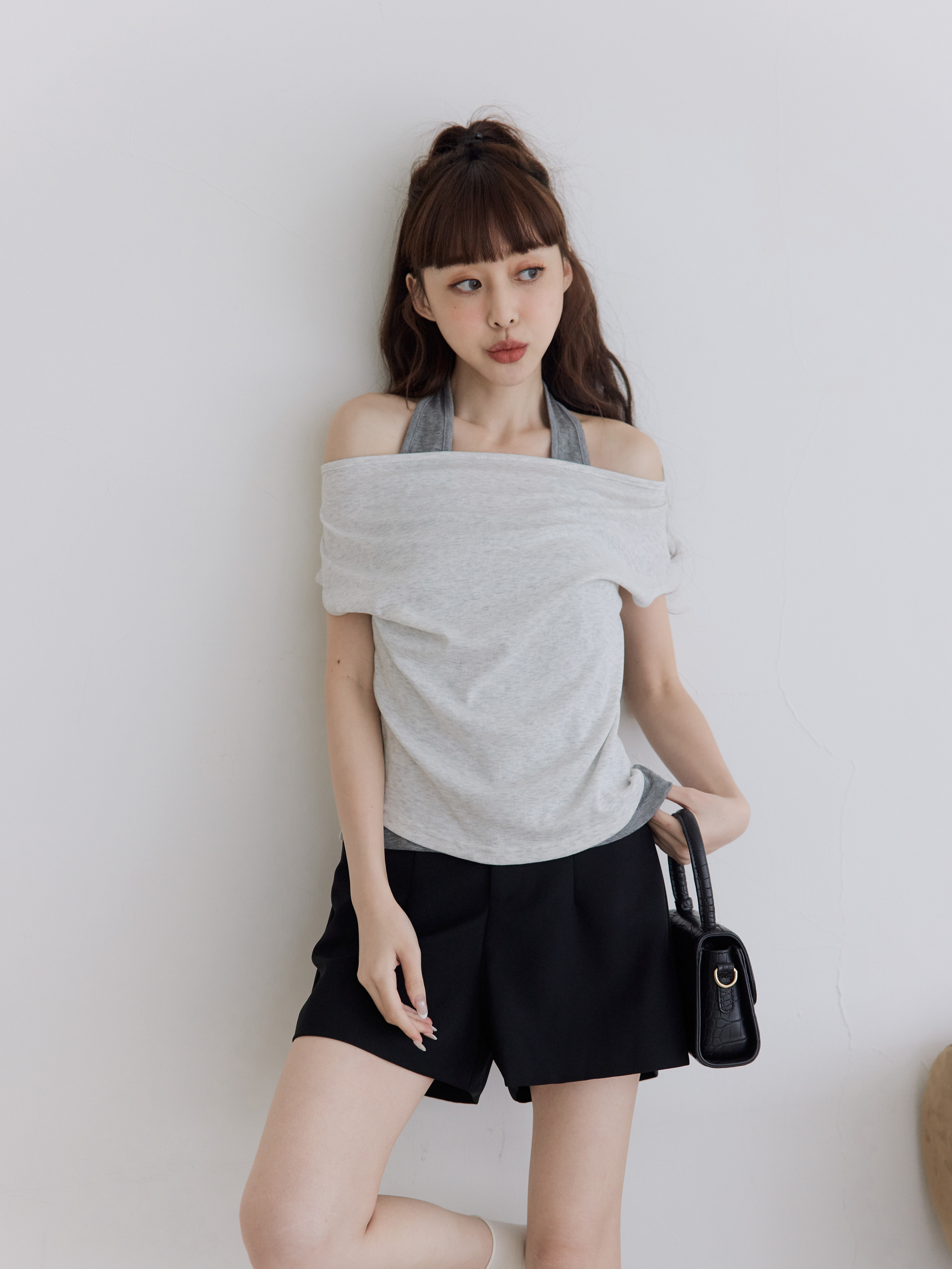 Casual Halter-Layered Faux Two-Piece Top