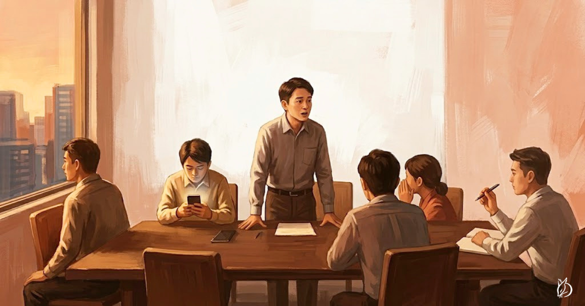 台灣職場有個詞非常準確：「開會就像背景音樂」。你在那裡，但你不構成現場的焦點。你的聲音是房間裡的一個聲音，不是讓人停下來的那個聲音。