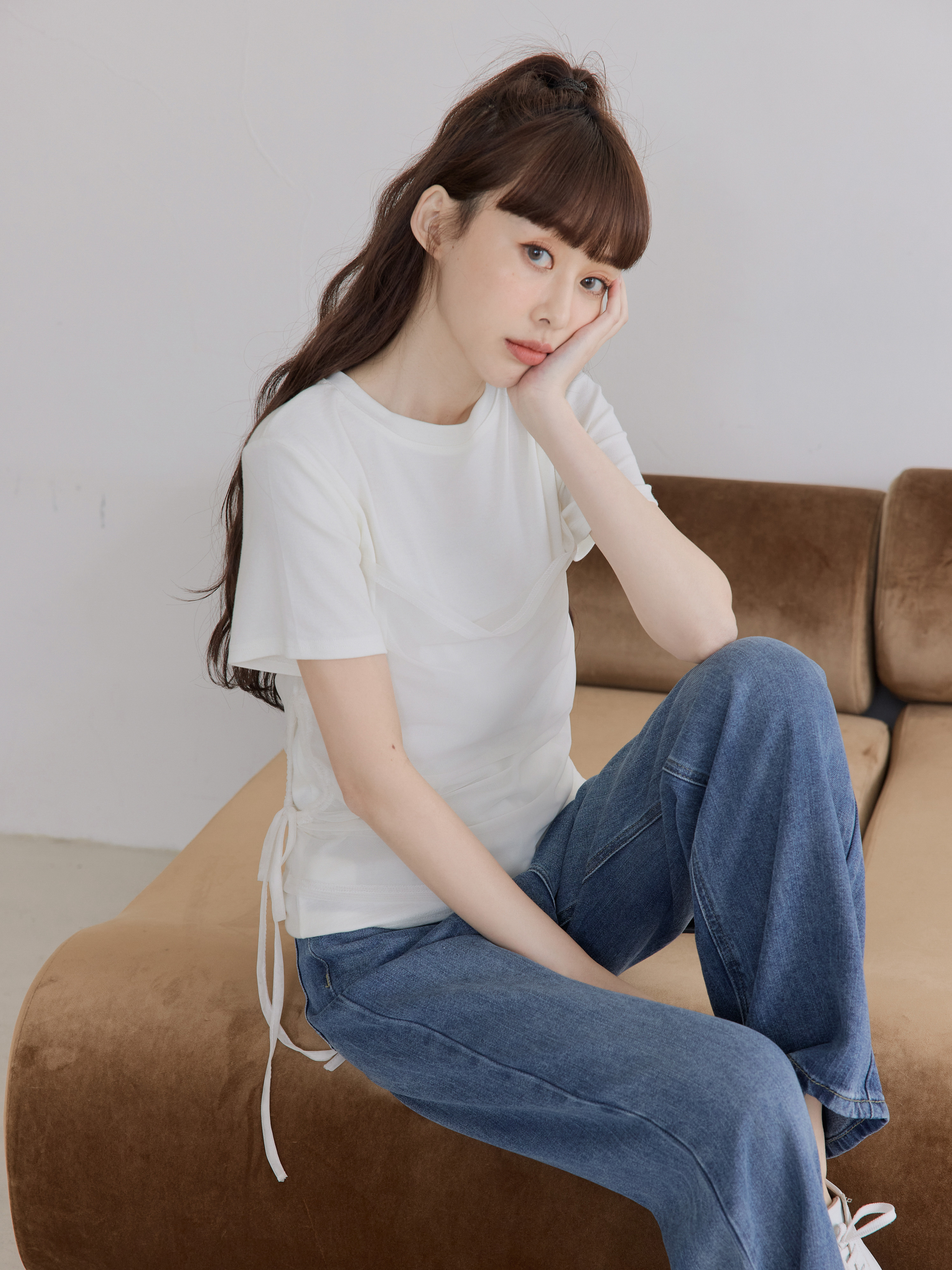 Faux-Layer Sheer Mesh Side-Drawstring Top