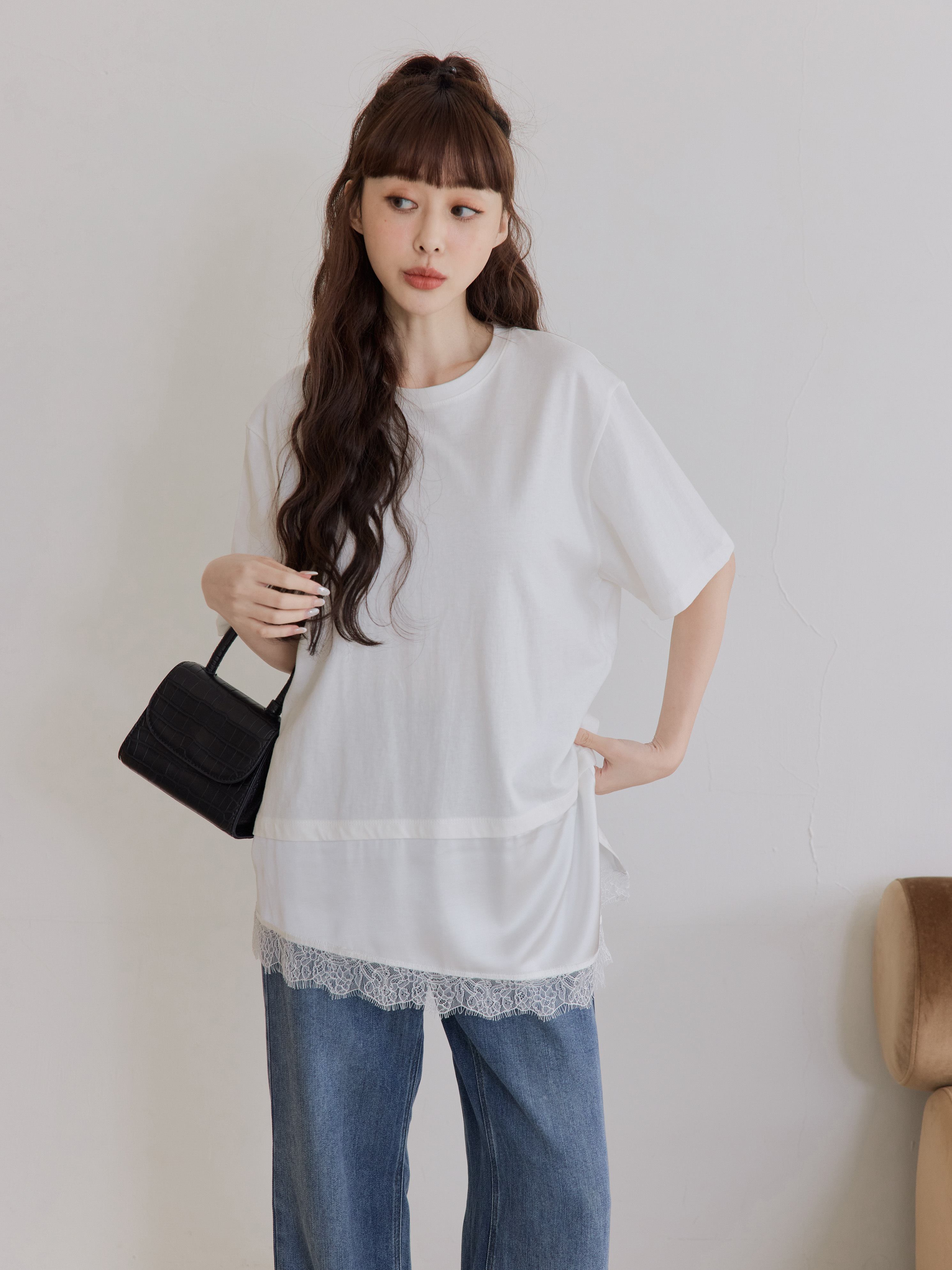 Layered Lace Panel Longline Tee