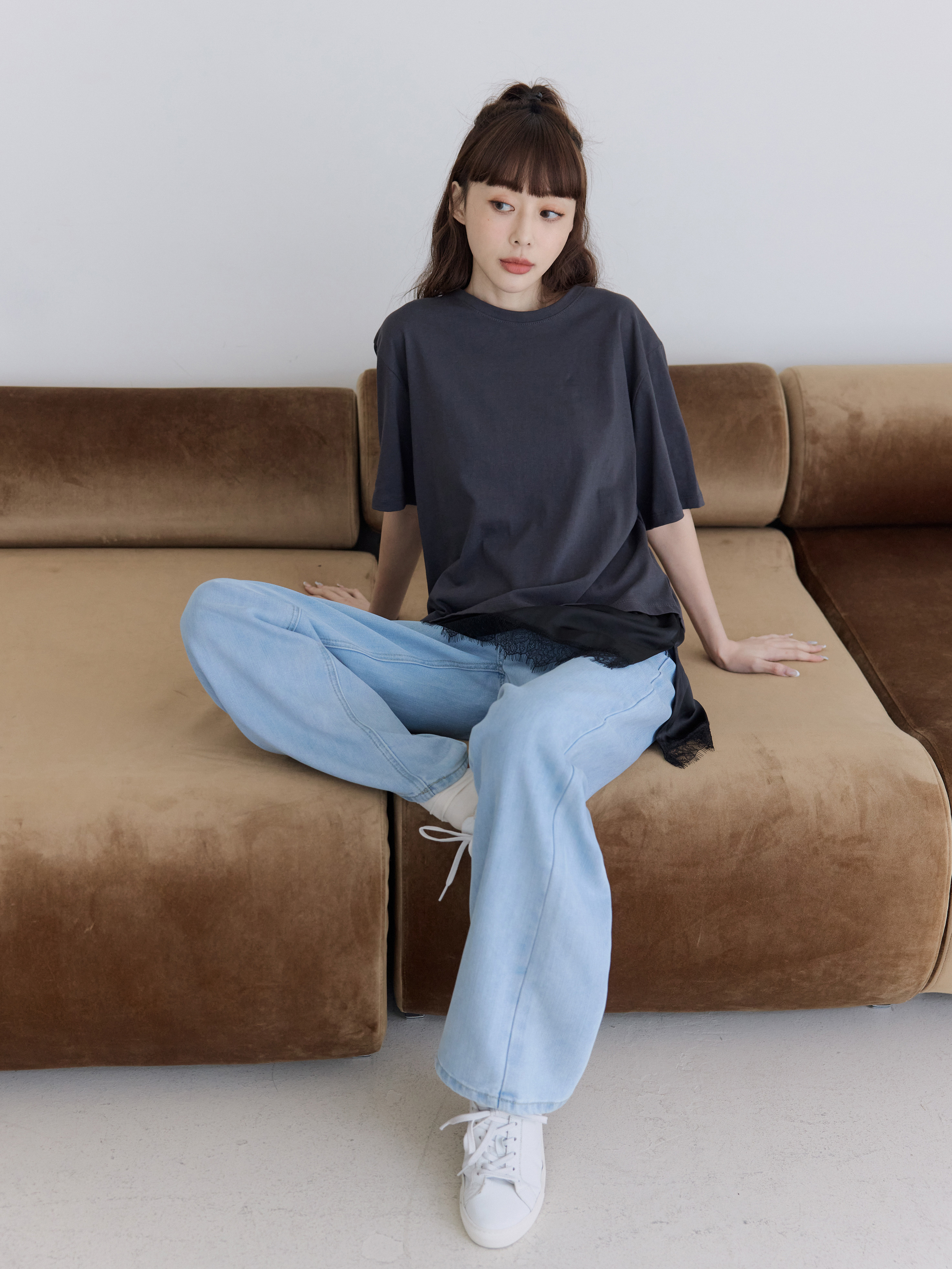 Layered Lace Panel Longline Tee