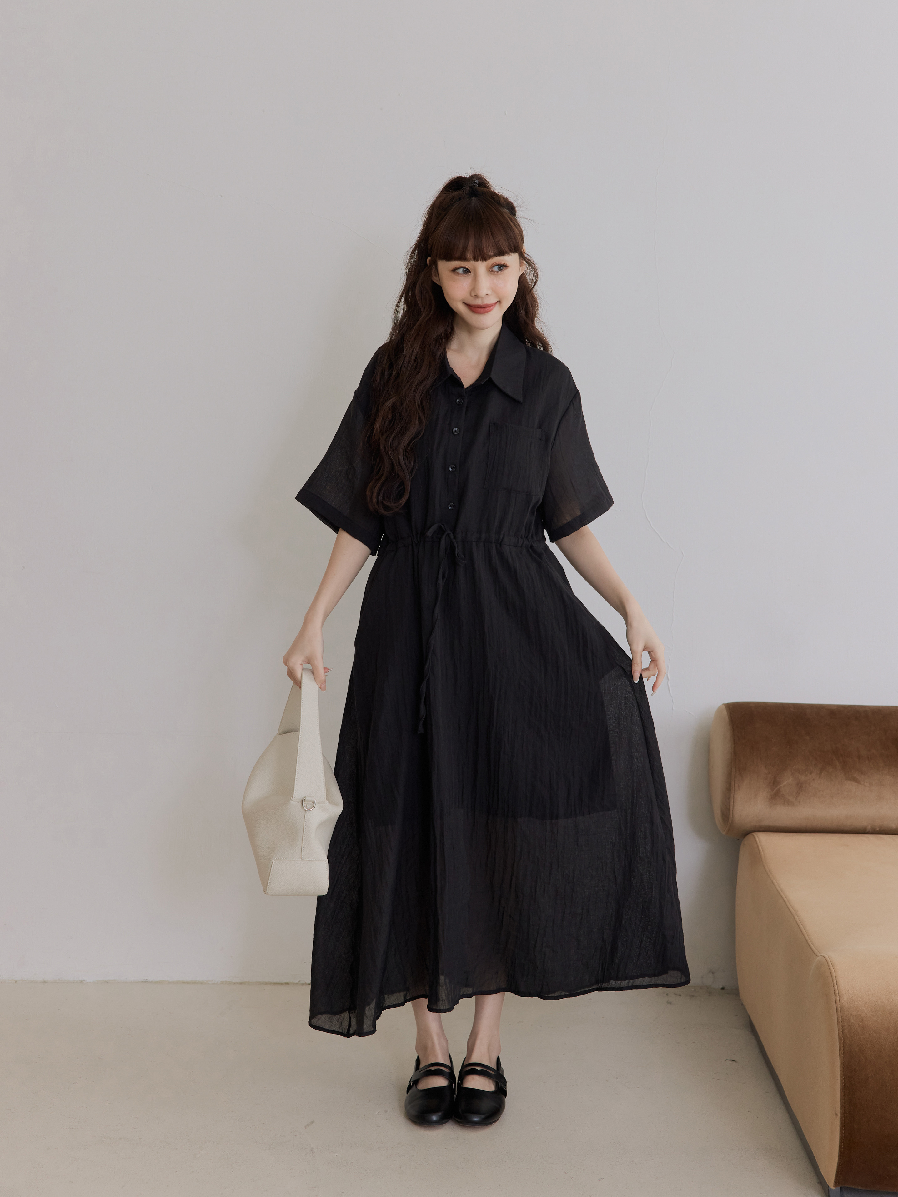 Shirt-Collar Slimming Drawstring Dress