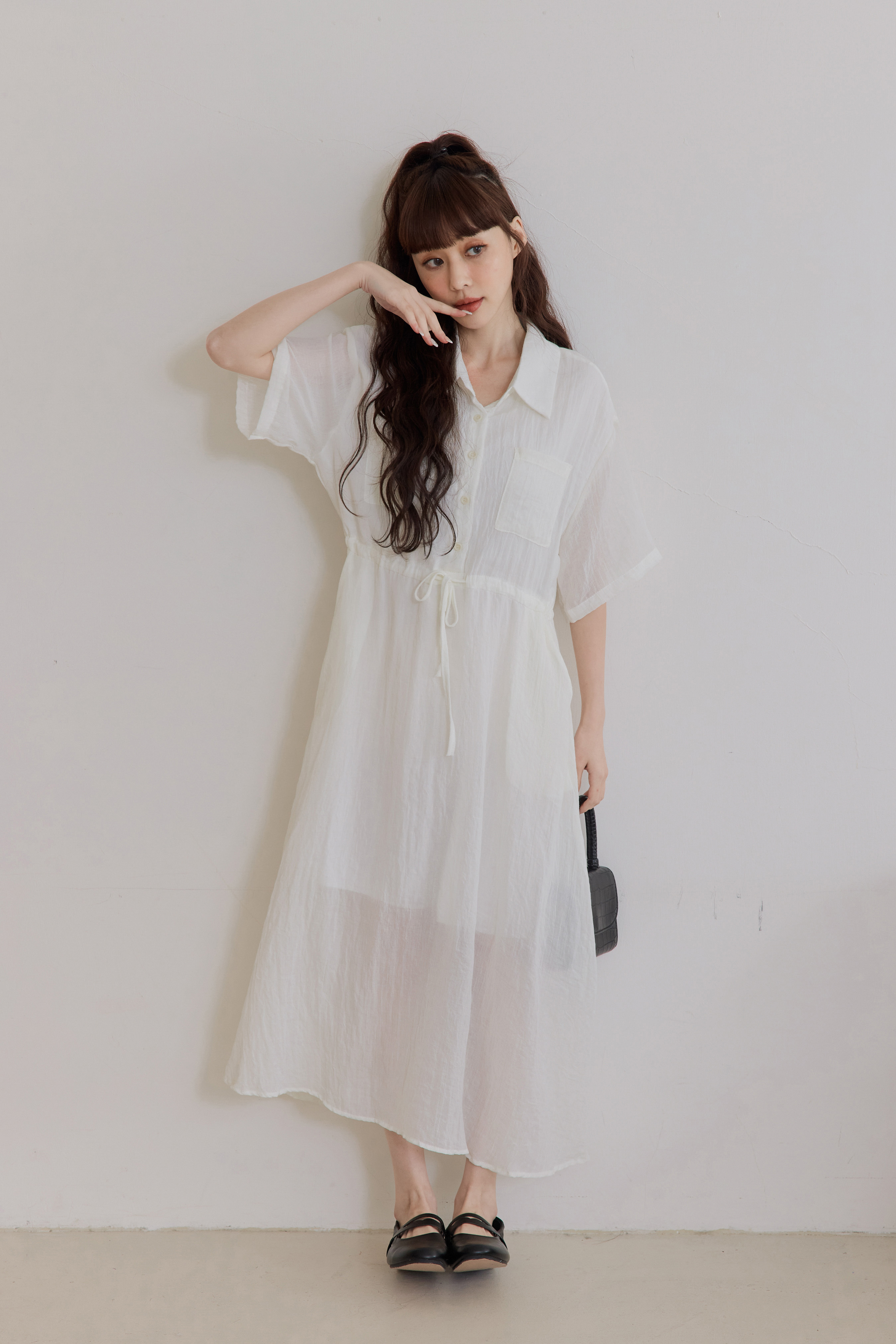 Shirt-Collar Slimming Drawstring Dress