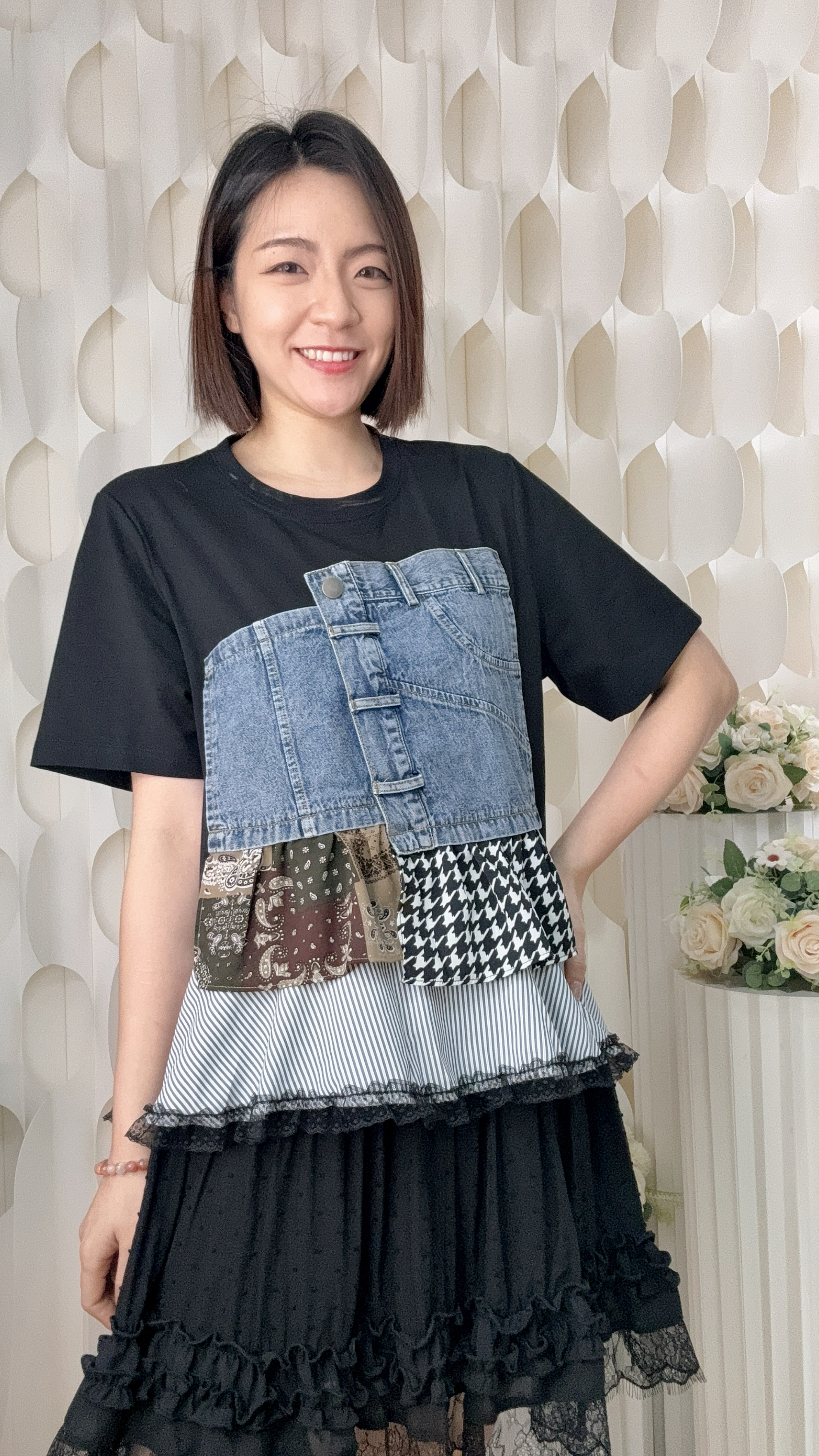 蕾絲邊牛仔拼接棉質上衣(胸42-50 腰42-48 長23吋) 69064 #2306clo