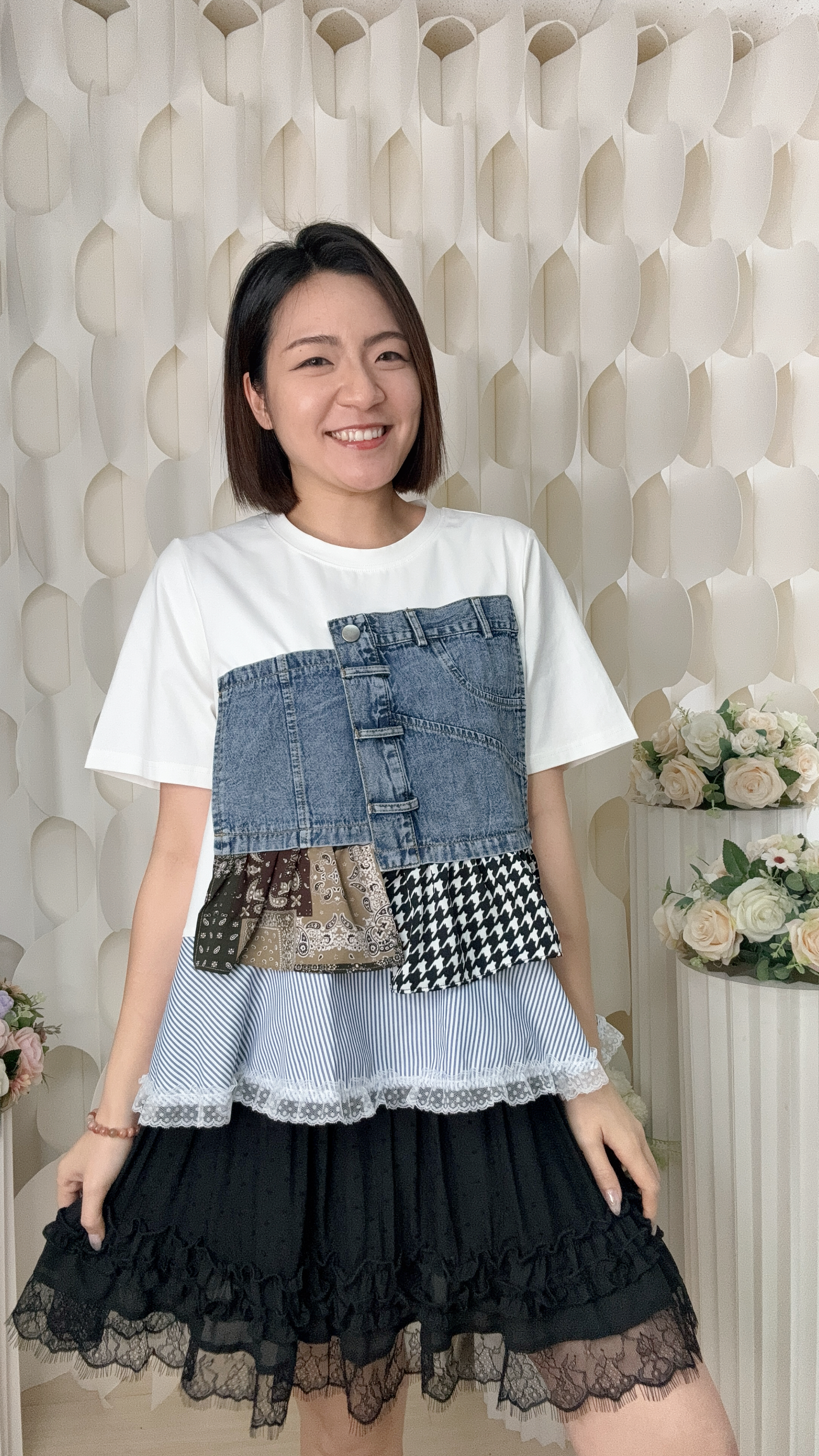 棉綫點點蕾絲波浪邊半截裙(腰24-38 臀46 長19吋) 37108 #2306clo