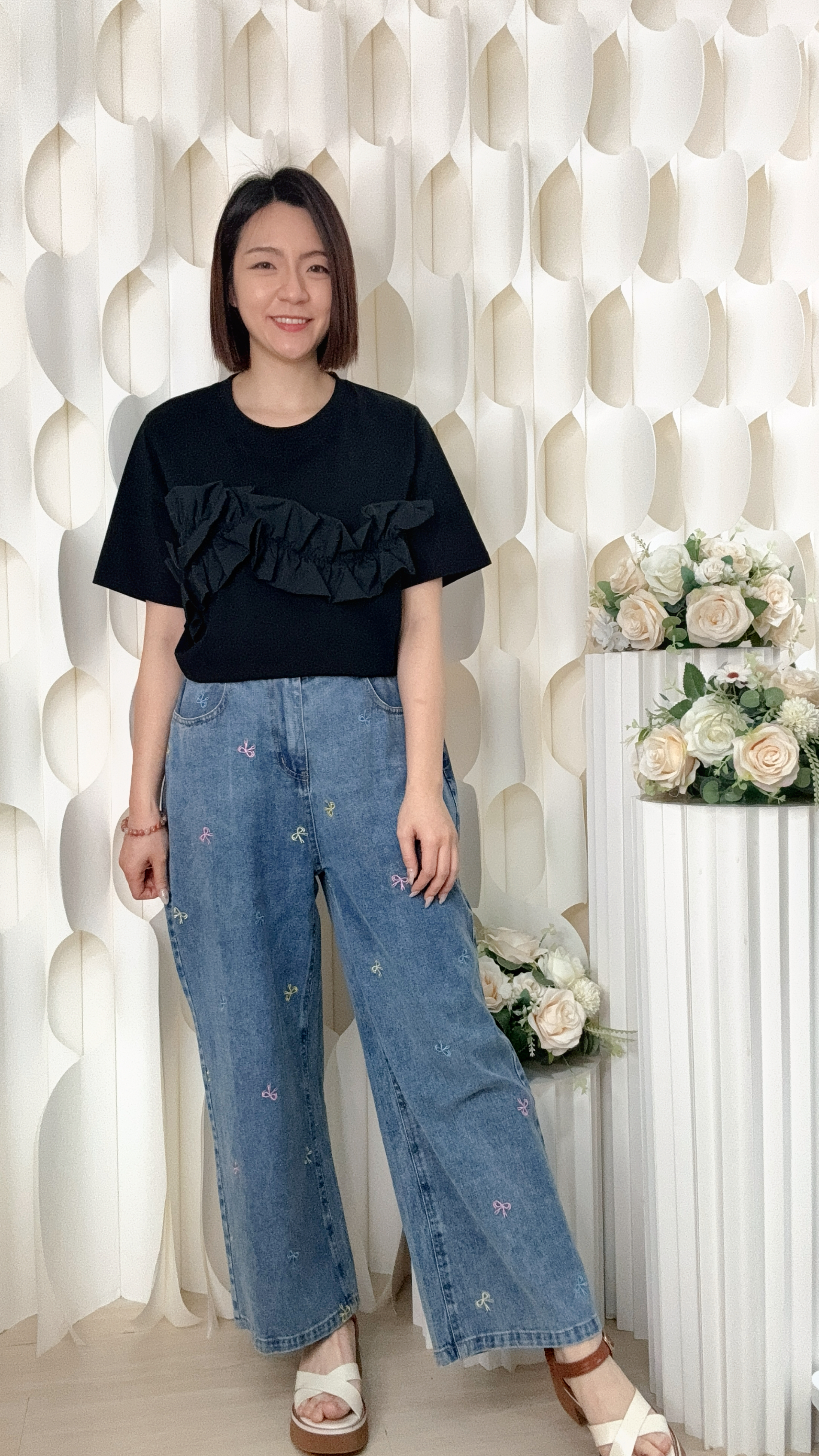 彩色蝴蝶結闊腿軟牛仔褲(腰26-34 臀42 長36吋) 37003 #2306clo