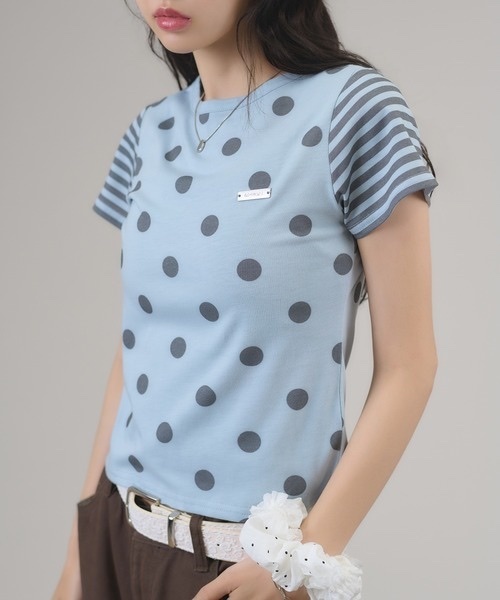 apres jour mignon / Dot Sleeve Border T-Shirt