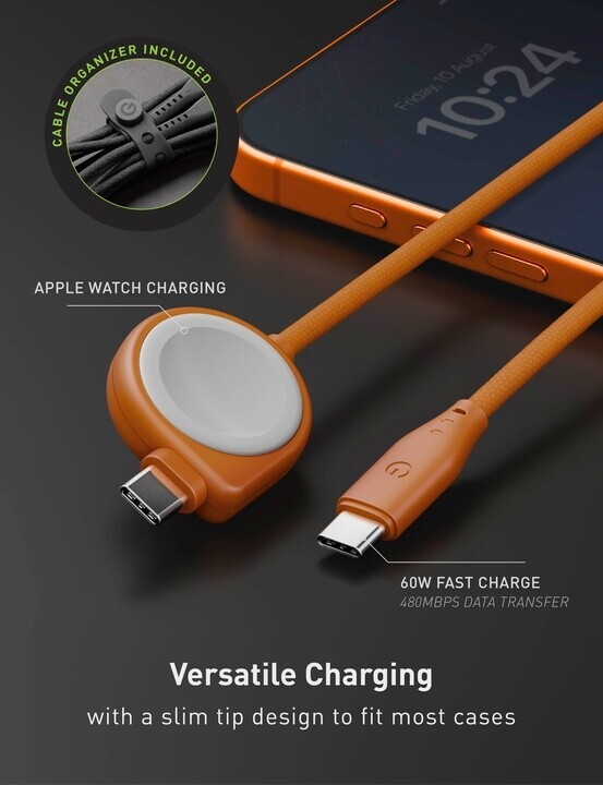 ENERGEA Flow Duo 2-in-1 USB C to C + Apple Watch 1.5M 60W 麻紡布料快充傳輸線
