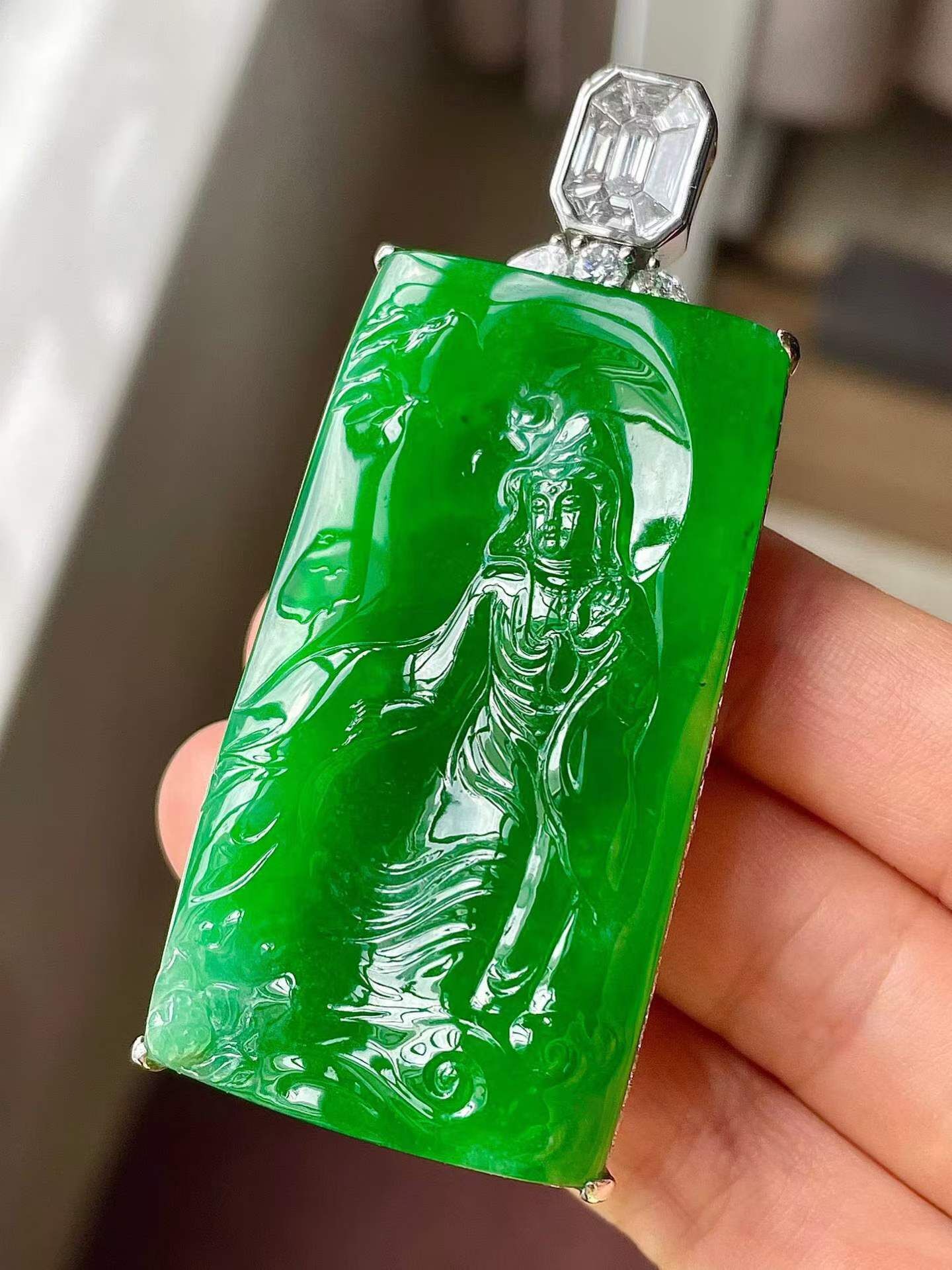 翡翠冰辣綠觀音吊墜,天然翡翠A玉, 緬甸玉, Jade, Jadeite