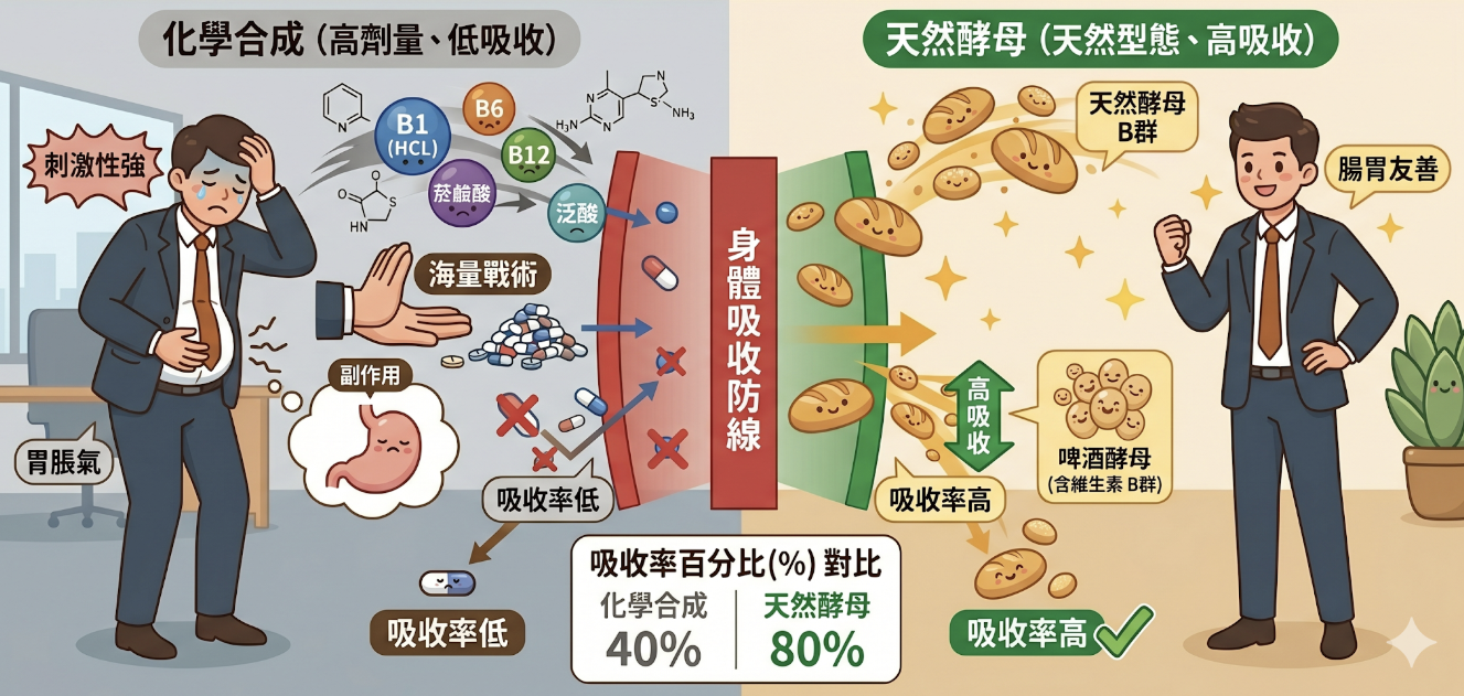 看懂B群來源成分對比圖:天然酵母高吸收率80% vs. 化學合成吸收率40%