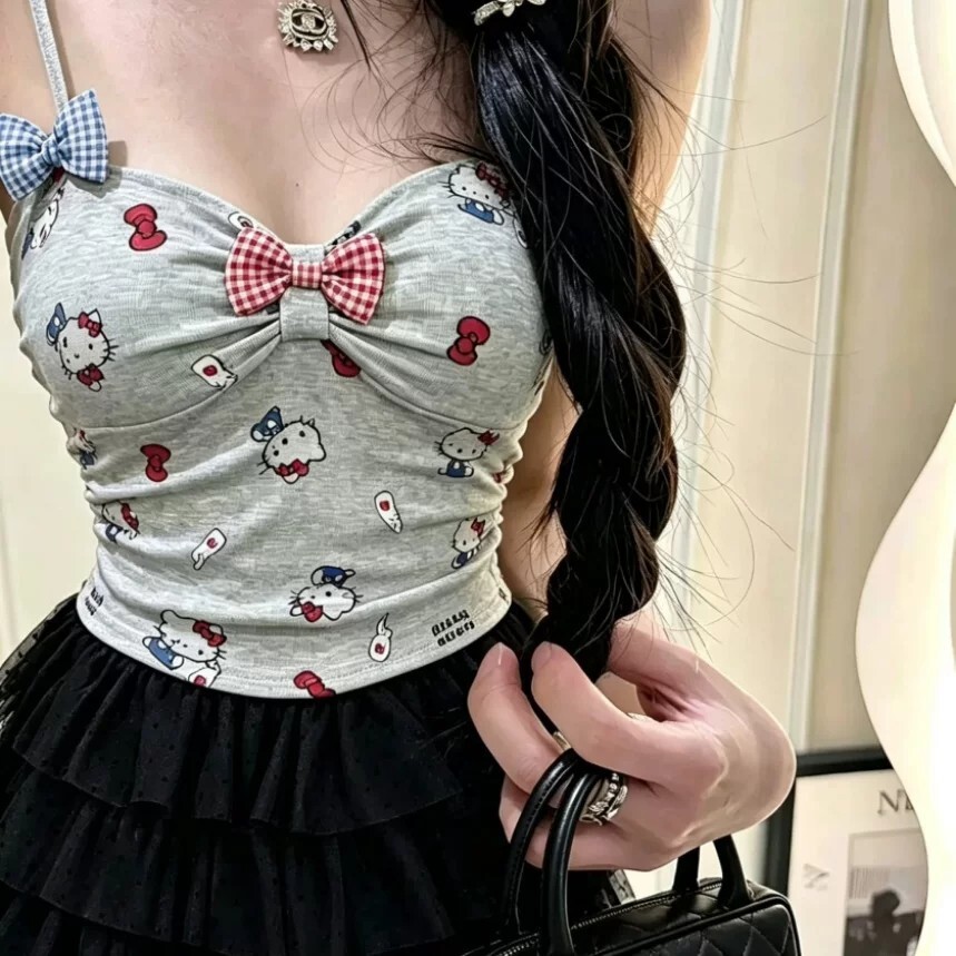 【Hello Kitty】印花拼接蝴蝶結細肩帶上衣