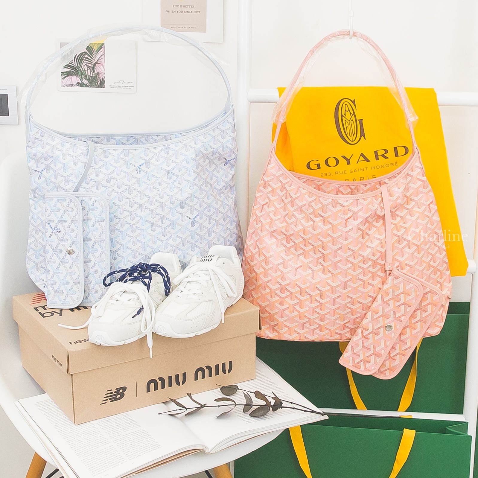 Goyard Hobo Bohème 極地藍帆布牛皮肩背包,Goyard Hobo Bohème 腮紅粉帆布牛皮肩背包,Miu Miu New Balance 530 白色麂皮網眼白色藍色鞋帶運動鞋-Charline Boutique 精品代購
