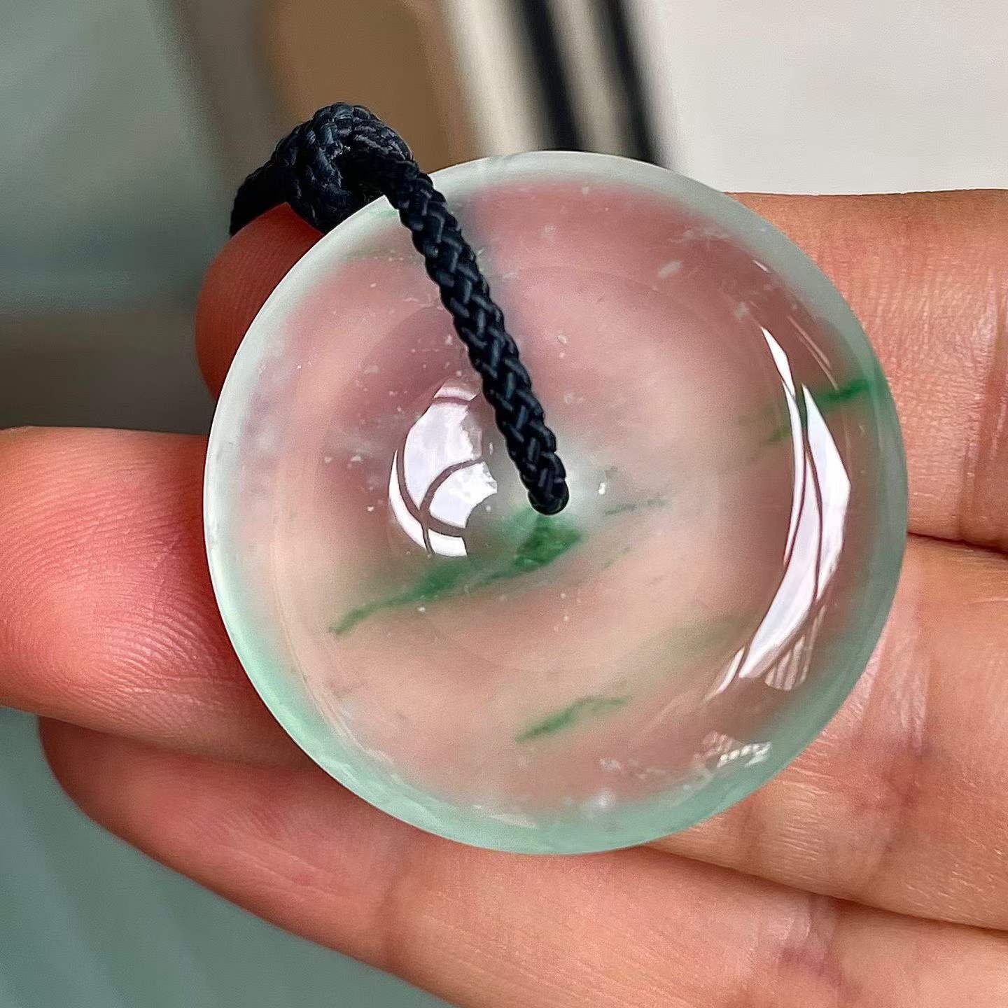 翡翠玻璃種飄花平安扣 (29.6mm直徑),天然翡翠A玉, 緬甸玉, Jade, Jadeite