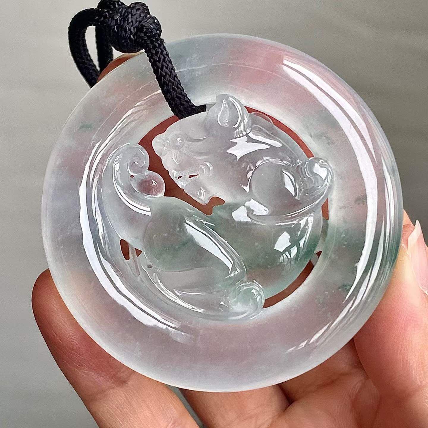 翡翠高冰飄花貔貅圓牌吊墜 (56.8mm直徑),天然翡翠A玉, 緬甸玉, Jade, Jadeite