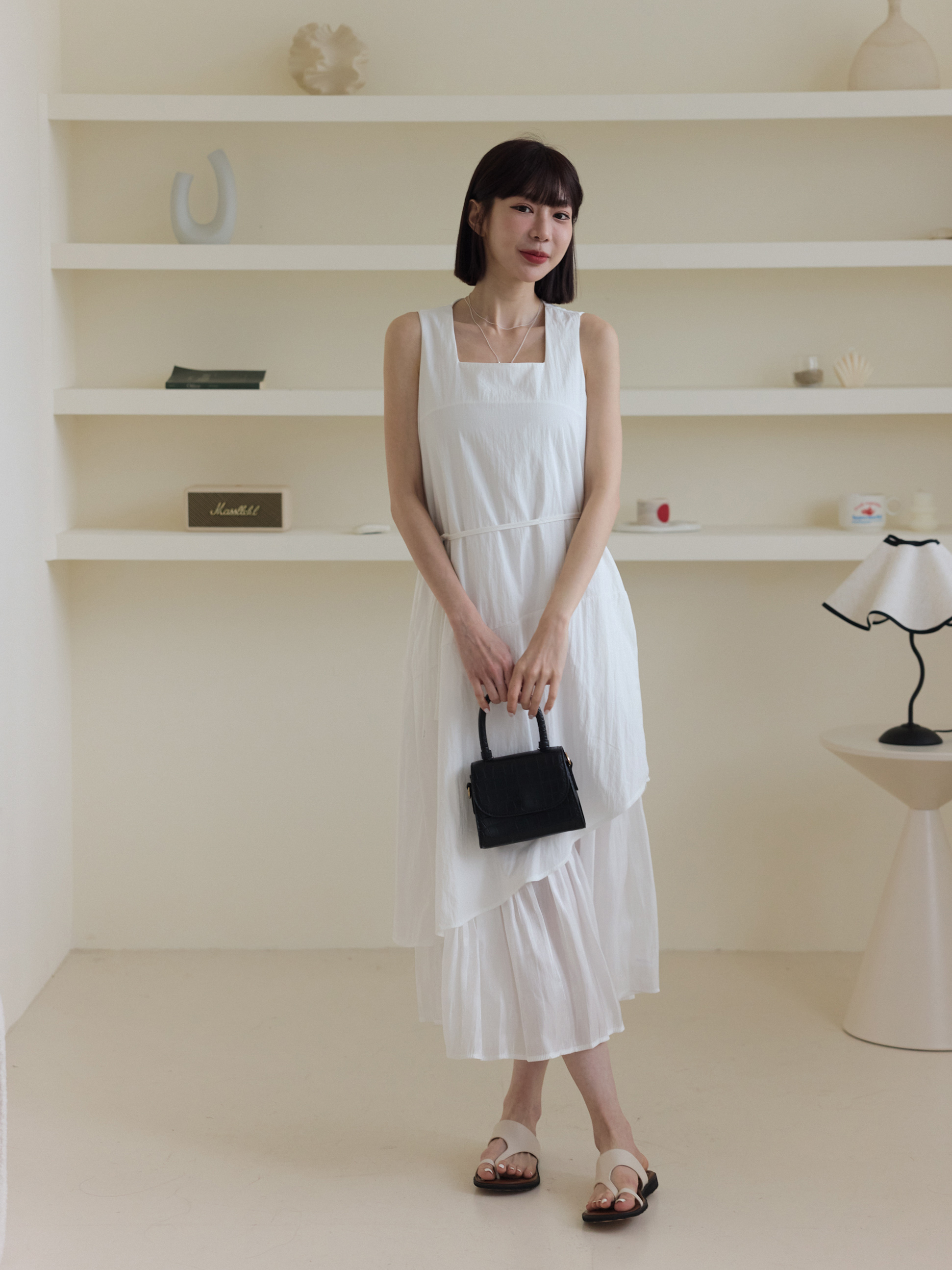 デザイン ソフトスクエアネック 二重 ロングワンピース