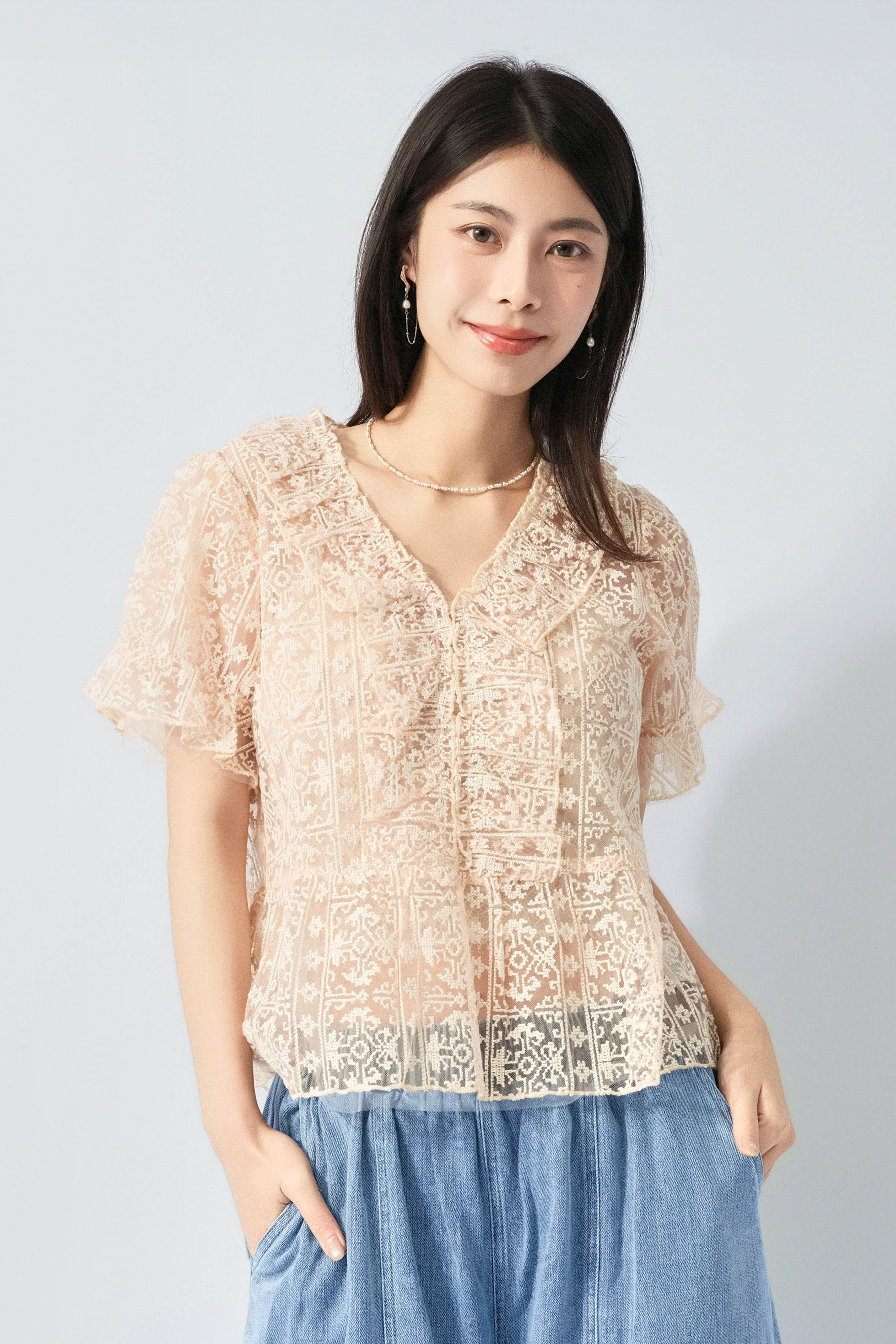 古典織花網紗公主上衣 (預購產品）