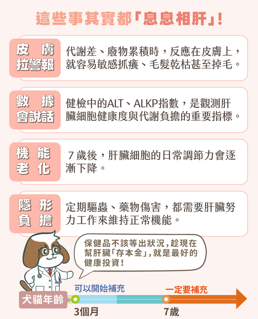 狗狗貓咪出現皮膚抓癢、健檢ALT指數過高？推薦歸毛家族護肝寶，及早幫犬貓肝臟做好日常保健。