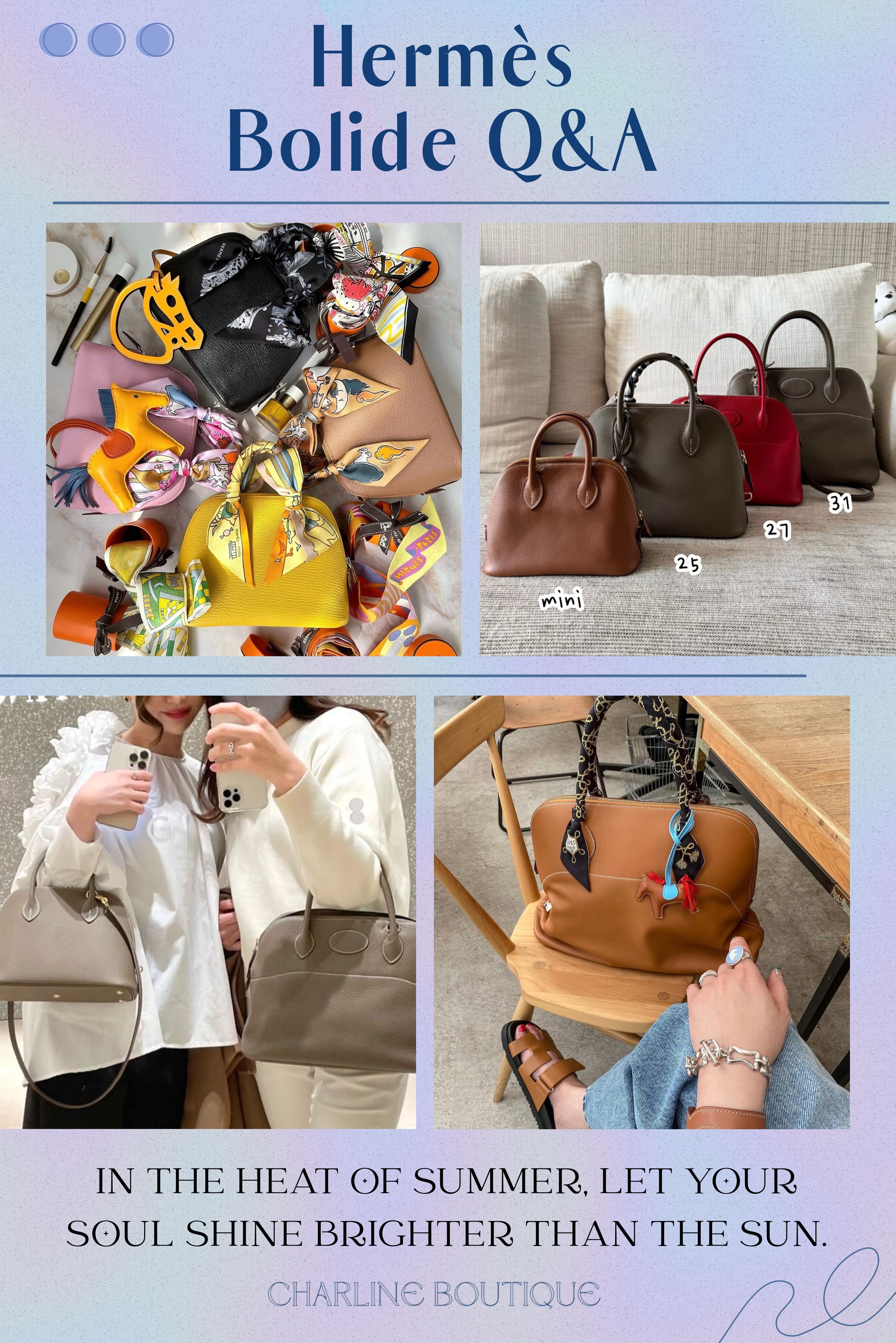 FAQ｜Hermès Bolide 選購 10 大常見問題  Q1：Hermès Bolide 有哪些尺寸？哪個最實用？  Bolide 的尺寸從 Mini 18cm 一路到旅行袋 45cm，分為原版 Bolide 與 Bolide 1923 兩大系列，每個尺寸都有自己的性格。  Bolide 1923 Mini 輕巧可愛，有寬底設計，比一般小廢包能裝多了，基本隨身物品都能乖乖進去，很適合小包控或造型穿搭型的人。  Bolide 25 容量比 Mini 更安心，多了鎖頭設計，是近年社群討論度最高的上升款。  Bolide 27 公認黃金比例，低調、優雅，日常百搭，對亞洲身型最友好。  Bolide 31 通勤族的首選，長夾＋化妝包＋平板都能一起收，氣場十足又不失優雅。  Bolide 35 / 45 容量充足，適合旅行、上班帶大量物品，或是男士作為日常公事包使用。  Charline Boutique 的經驗是，喜歡造型感、輕便出門的人通常先被 Mini 吸引；但重視收納與長久實用性的客人，最後十之八九都落腳在 Bolide 31。如果第一顆不確定選哪個，27 或 31 幾乎不會後悔。    Q2：Hermès Bolide 需要配貨嗎？  愛馬仕從來沒有公開的配貨公式，一切要看尺寸、顏色、皮革、門市庫存與購買地點。  好消息是：相較於大名鼎鼎的 BKC 三巨頭，Bolide 的配貨門檻真的親民許多。 像 Bolide 27、Bolide 31，或是一些較冷門的季節色，運氣好的時候甚至有機會不用配貨直接帶走。  但如果是 Bolide 1923 Mini、Bolide 25，或是 89 Noir 黑色、37 Gold 金棕、18 Etoupe 大象灰 這三個人人搶的金剛色，近年詢問度飆升，還是需要一些耐心等待或專櫃消費累積。  Charline Boutique 的經驗是，想找一款低調、實用、比 BKC 更容易入手的愛馬仕包，Bolide 絕對值得優先考慮；但如果鎖定熱門尺寸或稀有皮革，建議提早詢問、做好等待的心理準備。    Q3：Hermès Bolide 的背帶可以調整長度嗎？  大部分經典 Bolide 的原廠背帶是可拆卸、但不可自由調整長度的設計——可以在手提、肩背、斜背之間切換，但無法像相機包背帶一樣隨意伸縮。  部分新款或特殊款式（例如部分 Mini 或 Bolide Messenger）可能有可調節長度的配置，入手前建議確認。  如果背起來覺得長度不對，可以考慮：精品包專用的隱形調節扣、另購 Hermès Bandoulière 調節式肩背帶，或搭配訂製背帶換個風格。  Charline Boutique 特別想提醒：挑 Bolide 不要只看包身尺寸，一定要親身試背確認背帶長度，因為同一條帶子在不同身高體型上，肩背和斜背的感覺落差很大。    Q4：Hermès Bolide 皮革該怎麼選？  選皮革取決於你更在意的是「挺括俐落」還是「柔軟隨性」。  Epsom（硬挺、防刮、耐操） 質地輕巧、防刮，能把 Bolide 圓潤的廓形撐得非常俐落。不喜歡包包用久會塌的人，Epsom 首選。通勤族最愛它。  Togo（經典顆粒、耐磨溫潤） 愛馬仕最著名的入門皮革，觸感溫潤，用一段時間後會漸漸變軟，散發出一種低調、隨性的高級質感。想要耐用又不失柔和感，Togo 很穩。  Clemence（俗稱 TC 皮，柔軟垂墜） 顆粒比 Togo 大、皮質更軟，背上去包身會隨身體擺動，有一種非常法式的「鬆弛感」。懂皮革的人非常迷它，但包型會比 Epsom 和 Togo 更柔和一些。  Swift（細緻、顯色度高） 常出現在 Mini 尺寸上，皮面細緻滑嫩、色彩飽和，展現特殊色絕美。日常使用要稍微溫柔對待，避免指甲刮傷。  Charline Boutique 的經驗是，想要耐用好照顧，Epsom 和 Togo 最穩；重視柔軟手感和自然鬆弛感，Clemence 很有魅力。    Q5：Hermès Bolide 哪些顏色最推薦？  第一顆 Bolide，「三大金剛色」 絕對是保值又不出錯的安全牌：  18 Etoupe 大象灰 介於灰與棕之間，帶獨特白色縫線，知性低調，百搭到不行，是第一次入手最安全的選擇。  89 Noir 黑色 最經典的氣場色，搭金扣（黑金配）簡直是精品界傳家寶，任何場合都不踩雷。  37 Gold 金棕色 Hermès 代表色，溫暖復古，搭白色縫線最有愛馬仕靈魂，耐看度極高。  如果買的是 Mini 或 25cm，我們強烈鼓勵大膽嘗試亮色：10 Craie 粉筆白 / I2 Nata 奶昔白 乾淨溫柔；3Q Rose Sakura 櫻花粉 讓人少女心炸裂；J7 Bleu Lin 亞麻藍 / T0 Bleu Brume 霧藍 有個性又不高調；6O Vert Cypress 柏樹綠 沉穩迷人。  Charline Boutique 觀察趨勢下來：Mini 和 25cm 玩亮色有加分效果，31cm 以上更適合深色經典色，背幾年都不會膩。    💬 對 Bolide 的顏色和皮革還有疑問？私訊 Charline Boutique LINE，我們直接幫你比較！ 👉 https://lihi1.com/y4xM8    Q6：Hermès Bolide Mini 到底放不放得下手機？  放得下，實測過，不用擔心。  Mini Bolide 的底部寬度大約 8cm，比一般迷你包有深度多了。像 iPhone Pro Max 這類大尺寸手機，只要斜著滑入後平放，拉鍊拉得上去。不過如果手機殼超厚、再加上短夾＋鑰匙＋唇膏＋AirPods 一起塞，空間就會比較緊湊，拿東西要有點技術。  Charline Boutique 的建議是：習慣出門帶「安全感物品」（化妝包、行動電源、面紙）的人，直接升級 Bolide 25 會更從容優雅，後悔機率低很多。    Q7：Hermès Bolide 適合當作第一顆愛馬仕入門包嗎？  非常適合，而且我甚至覺得它是一顆「寶藏包」。  很多人入門都盯著 BKC 或 Picotin，但 Bolide 其實更具內行人品味：  歷史底蘊深厚 超過百年歷史，資歷比 Birkin 還老，每次說出來都讓人刮目相看。  極度低調內斂 包身沒有任何大 Logo，靠完美的圓弧線條與頂級皮革說話，是那種「識貨的人自然懂」的包。  超高實用性 拉鍊開合安全感十足，可手提可肩背可斜背，不像 Kelly 開合繁複，隨拎隨走。  配貨壓力相對友善 不用一開始就扛著 BKC 的配貨壓力，部分尺寸和顏色機緣成熟就能遇到。  Charline Boutique 的經驗是，想要第一顆正宗愛馬仕經典包、又不想一開始就壓力山大，Bolide 是充滿質感、聰明又長遠的選擇。    Q8：除了 Bolide，愛馬仕還有哪些不容錯過的經典款？  愛馬仕迷人的地方就在於，每款包都有自己的靈魂和風格定位——  保值收藏天花板 Birkin 柏金包 最具代表性的夢幻款，容量大、實用、是很多人的終極目標；Kelly 凱莉包 線條優雅正式，翻蓋設計氣質滿點；Constance 康斯坦斯包 H 扣設計辨識度高，適合日常與正式場合。  高 CP 值日常隨性款 Picotin Lock 菜籃子 輕巧可愛，是很多人的第一顆 Hermès；Evelyne 休閒感強，寬背帶背起來超輕鬆；Garden Party 花園包 低調實用的托特包頂流，通勤、旅行都好用。  獨特個性款 Lindy 包型柔軟有雙提把，風格比較隨性自由；24/24 融合 Kelly 的優雅與現代休閒感，適合想要經典但又輕鬆一點的人。  Bolide 恰好介於兩者之間——擁有不輸 BKC 的歷史與工藝，同時兼具菜籃子、花園包的隨和與實用。這就是它屹立百年不搖的原因。    Q9：Hermès Bolide 男生背會不會很奇怪？  完全不會，而且非常有品味。  中性時尚當道，Bolide 俐落圓潤、毫無繁複裝飾的幾何線條，男生背起來反而有一種 老錢風（Old Money） 的儒雅與內斂，比很多明顯男款包還要有故事感。  尺寸推薦 Bolide 31 比例剛好，日常通勤完全沒問題；Bolide 35 容量更充足，可以放文件、平板；Bolide 45 是最帥氣的出差旅行袋。近年 Hermès 也有推出 Bolide Messenger 這個更偏中性的款式，斜背起來非常俐落。  顏色推薦 89 Noir 黑色、18 Etoupe 大象灰、8F Etain 錫器灰或 6O Vert Cypress 柏樹綠，走在路上完全不用擔心撞包，帥得很高級。  Charline Boutique 觀察到，男生如果想入手愛馬仕，不一定只能看 Herbag 或 Evelyne，Bolide 其實是更低調、更有品味、也更不容易撞款的選擇。    Q10：如果喜歡 Bolide 這種低調無 Logo 的質感，還有哪些精品推薦？  如果你被 Bolide 的 Quiet Luxury 低調奢華 風格深深吸引，以下這幾個品牌也會讓你著迷：  Delvaux 來自比利時、歷史比愛馬仕還要悠久的皇家御用皮件品牌。Brillant 和 Tempête 系列線條優雅剛硬，工藝細節無可挑剔。  Loro Piana 義大利頂級面料之王，以羊絨與極簡無 Logo 皮件聞名，展現的是極致舒適的「有錢人鬆弛感」。  The Row 當代極簡主義的巔峰，剪裁乾淨到讓人說不出話，皮革用料好到會發光，深受時髦文青和高階主管喜愛。  Valextra 有「義大利愛馬仕」之稱，建築感十足的俐落線條，沒有一絲多餘裝飾，是都會幹練女性的愛牌。  Charline Boutique 的經驗是，喜歡 Bolide 的客人，通常也會對這幾個品牌一見鍾情——因為他們都有一種「懂的人自然懂」的安靜高級感，不高調，卻越看越迷人。