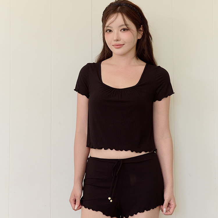 Top【Chu Mii．Night Bra】Double C Ribbed Jersey Ruffle Hem Pyjamas (Midnight Black)