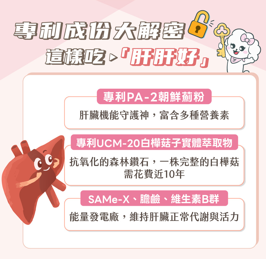 歸毛家族護肝寶成分，內含專利朝鮮薊粉、白樺菇子實體萃取物與維生素B群、SAMe-X、膽鹼，維持肝臟功能。