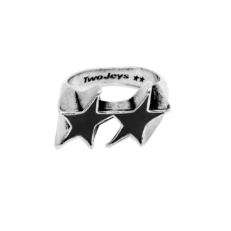 Twojeys-lcon Black Enameled Single Ring 黑色雙星戒指