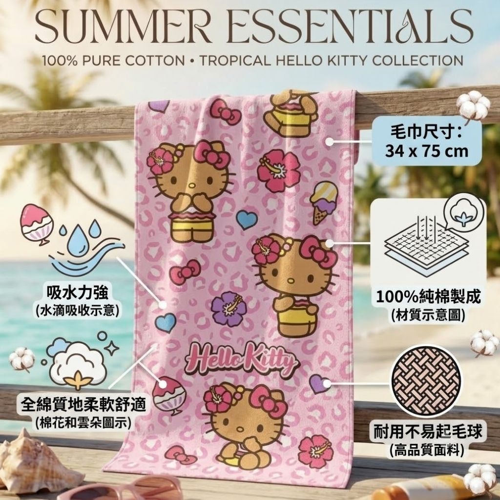 Hello Kitty Sanrio| 純棉長毛巾 沙灘巾(日本直送)